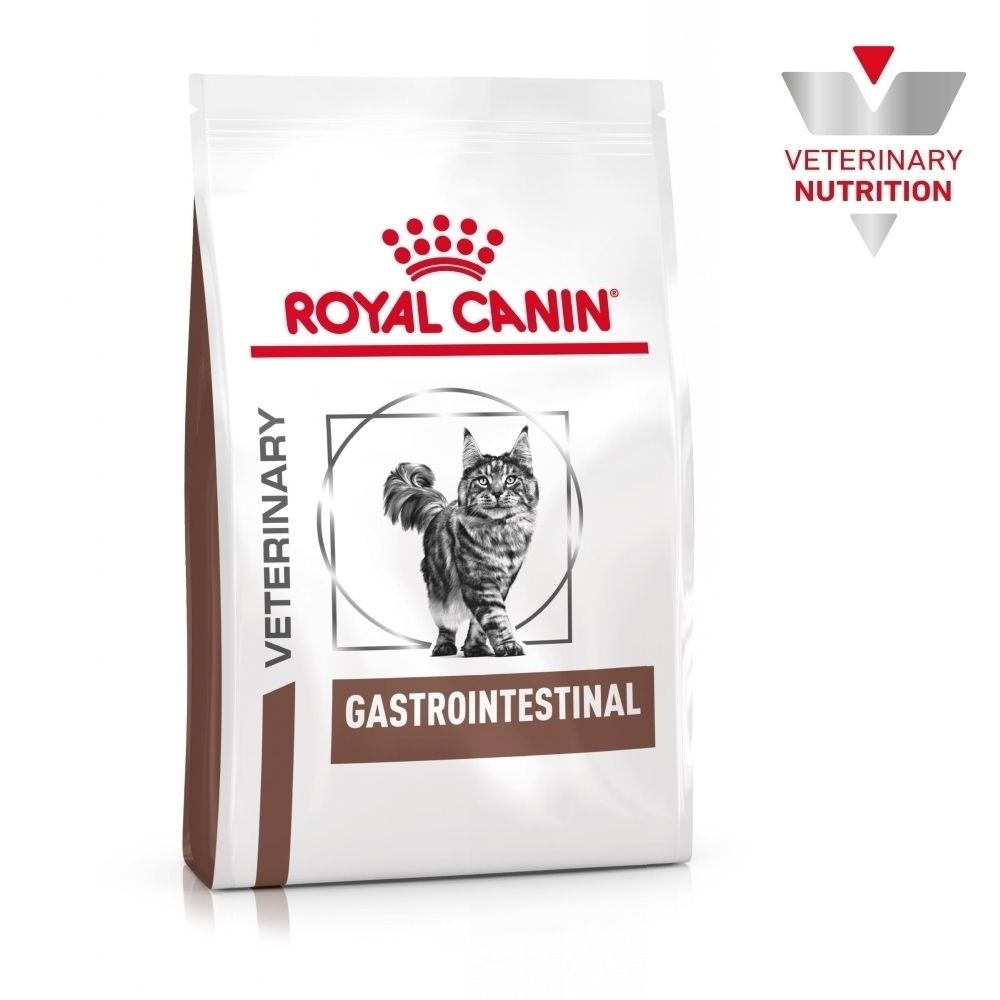 Avant d'un paquet de 4 kg de nourriture pour chats ROYAL CANIN® Veterinary Gastrointestinal avec une image de chat.