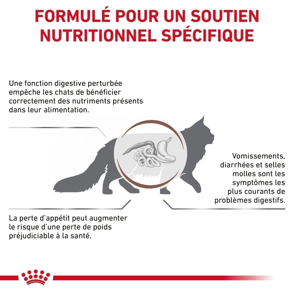 Côté d'un paquet de 4 kg de nourriture pour chats ROYAL CANIN® Veterinary Gastrointestinal avec illustrations et texte.