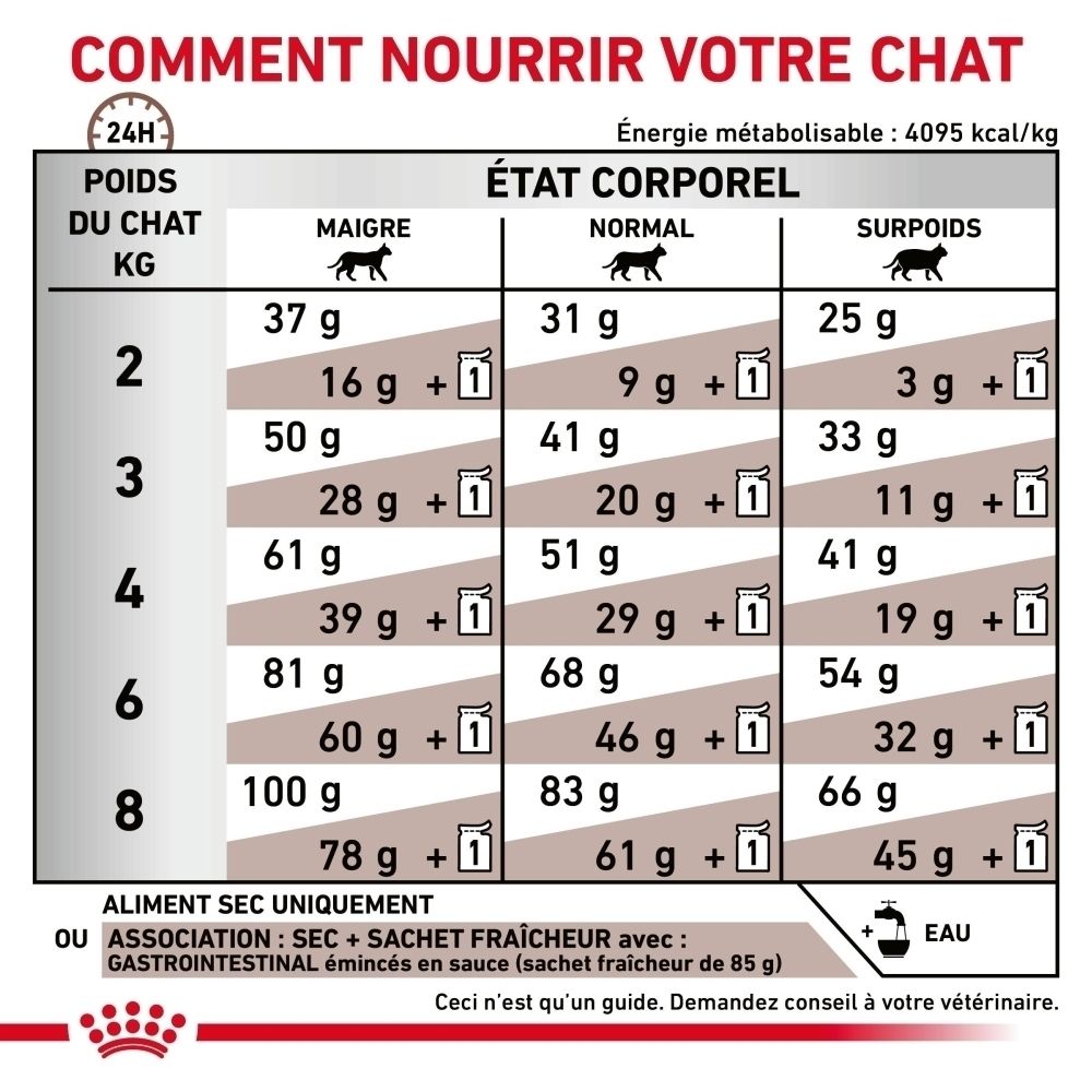 Avant d'un paquet de 4 kg de nourriture pour chats ROYAL CANIN® Veterinary Gastrointestinal avec une image de chat.