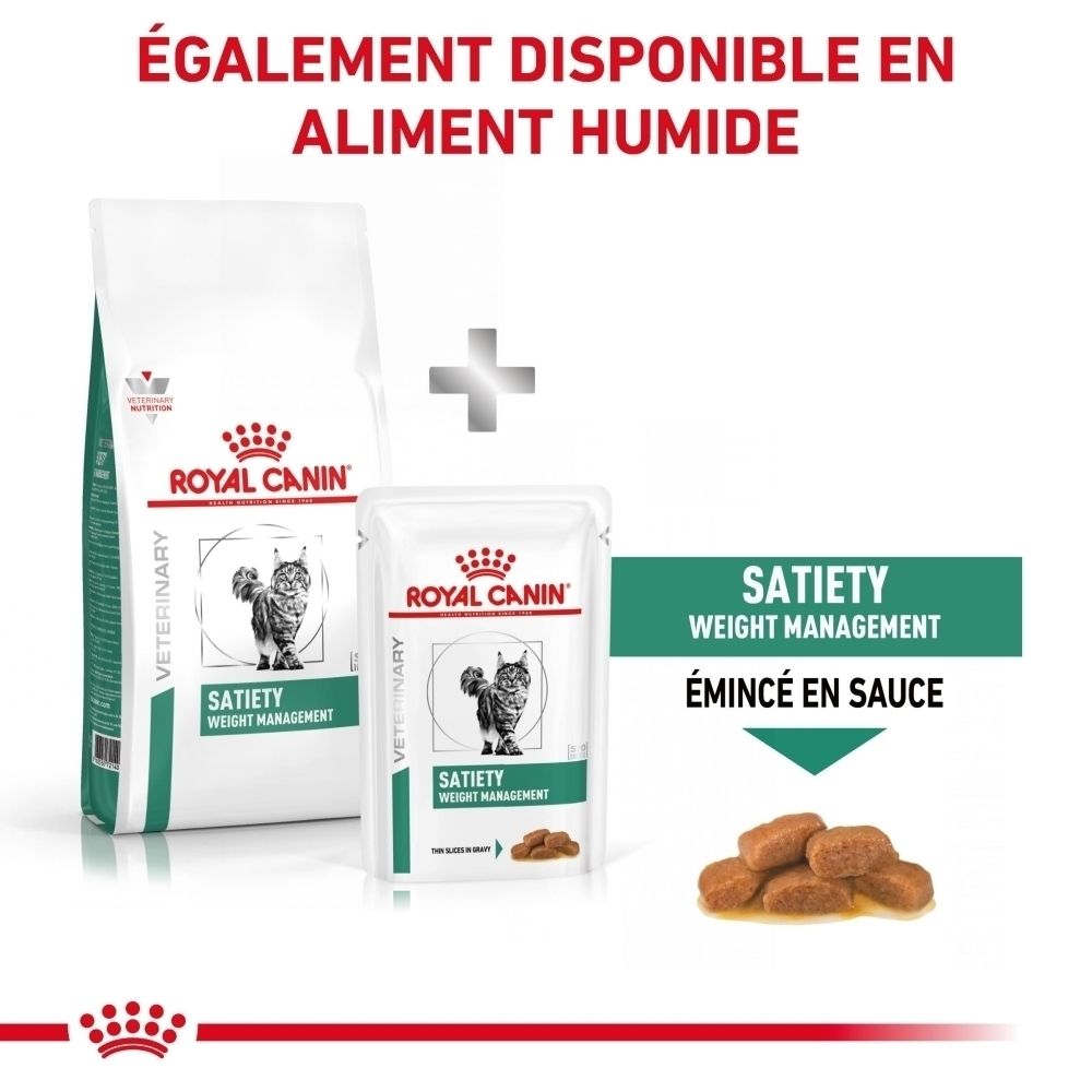 Sac de croquettes Royal Canin Satiety Weight Management avec illustration de chat.