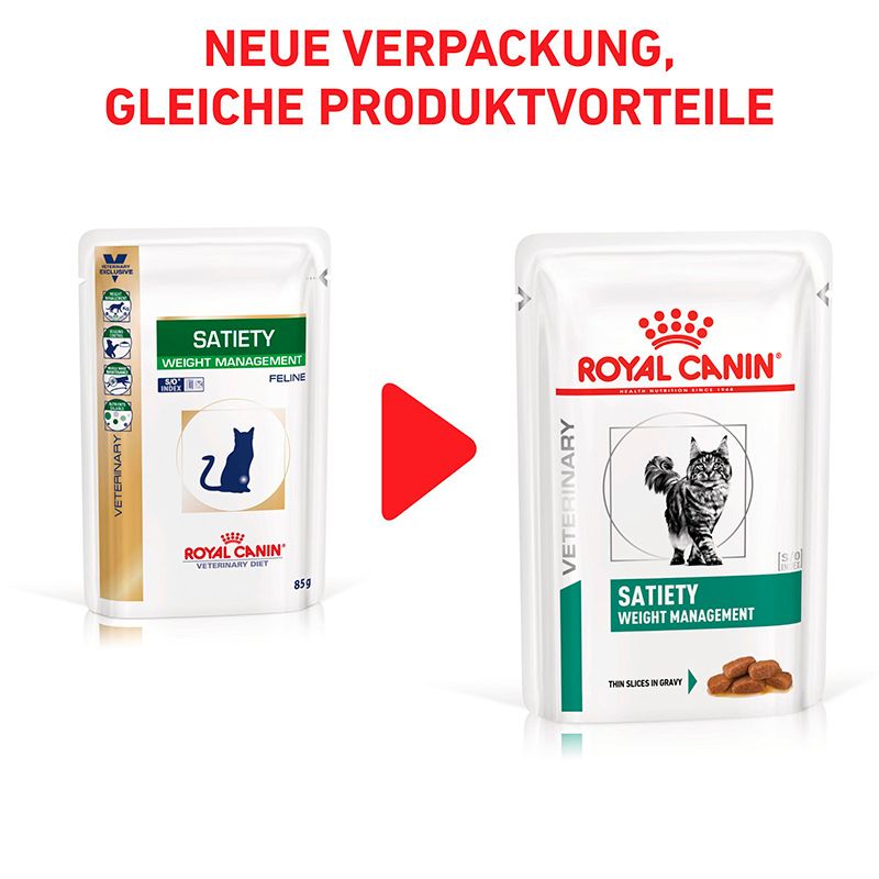 Zwei Beutel Royal Canin Satiety Weight Management für Katzen, links alte Verpackung, rechts neue Verpackung.