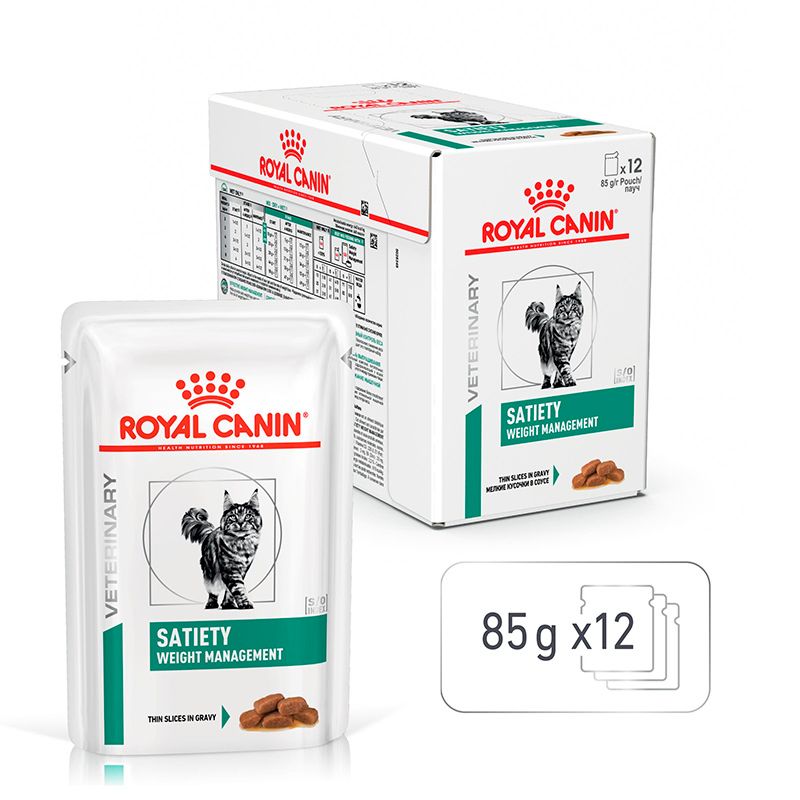Royal Canin Satiety Weight Management Katzenfutter: ein Beutel und eine Schachtel mit 12 Beuteln à 85g.