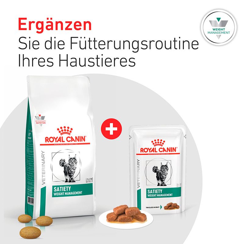 Royal Canin Satiety Weight Management Katzenfutter in Beutel und Trockenfutterpackung.