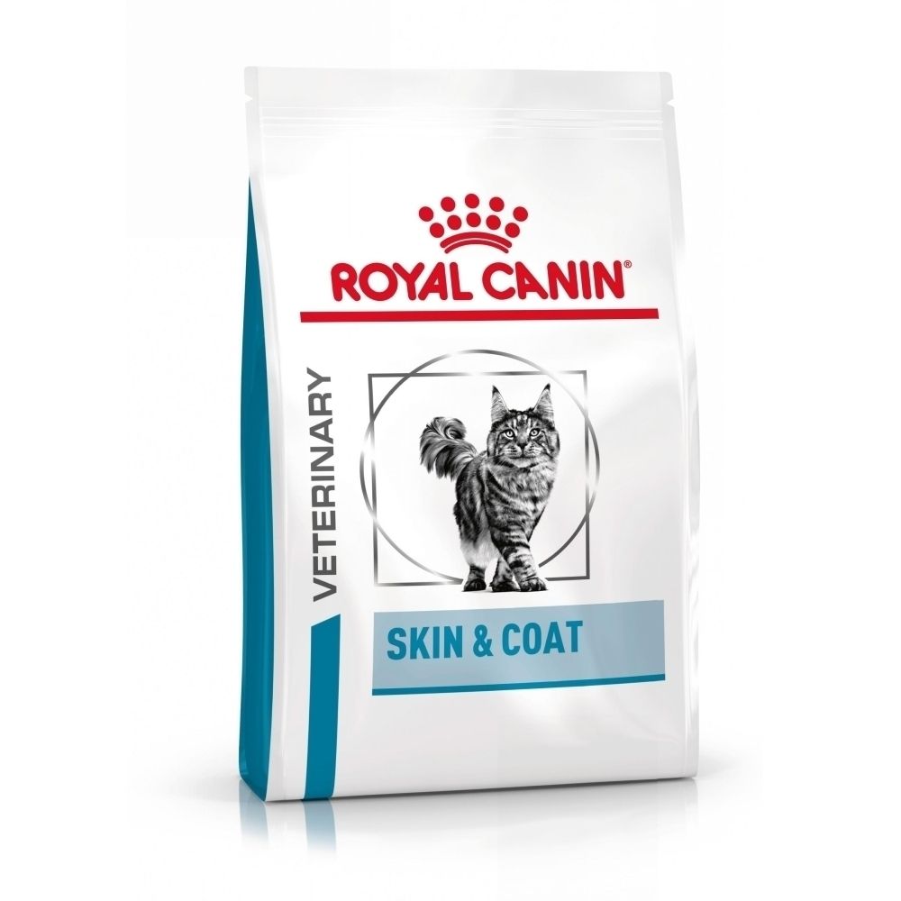 Royal Canin Veterinary Skin & Coat Katzenfutter-Beutel mit Katzenabbildung.