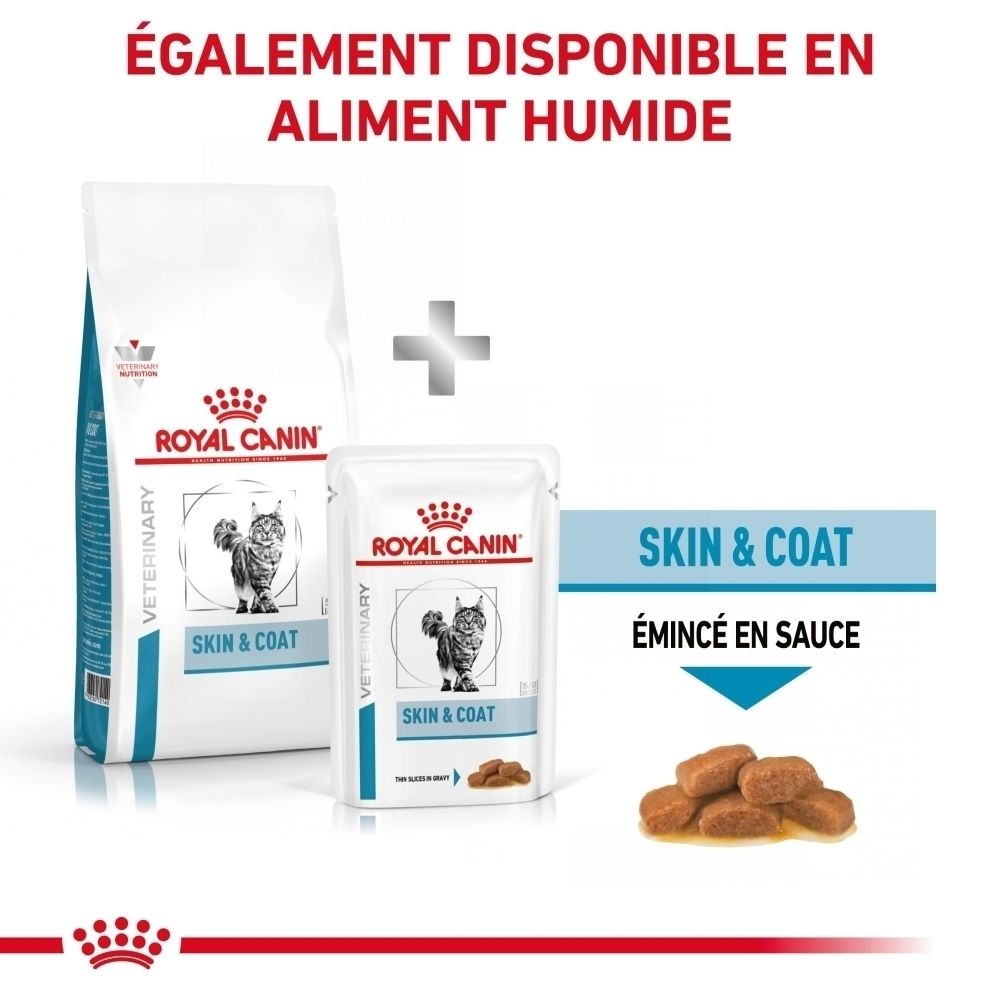 Royal Canin Skin & Coat Trockenfutter-Sack und Nassfutter-Beutel mit Futterstücken.