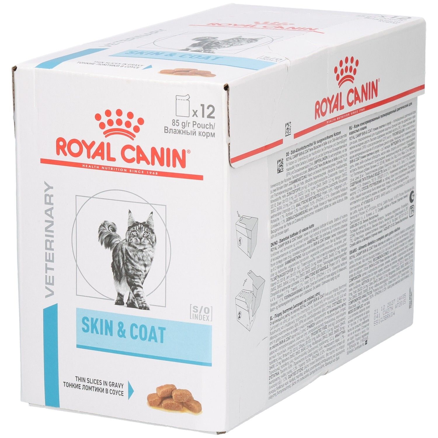 Royal Canin Veterinary Skin & Coat Karton mit 12 Beuteln à 85g. Dünne Scheiben in Soße.