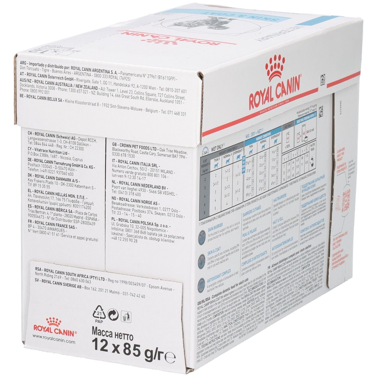 Seitenansicht des Royal Canin Veterinary Skin & Coat Kartons mit Adressinformationen und Produktabbildung.