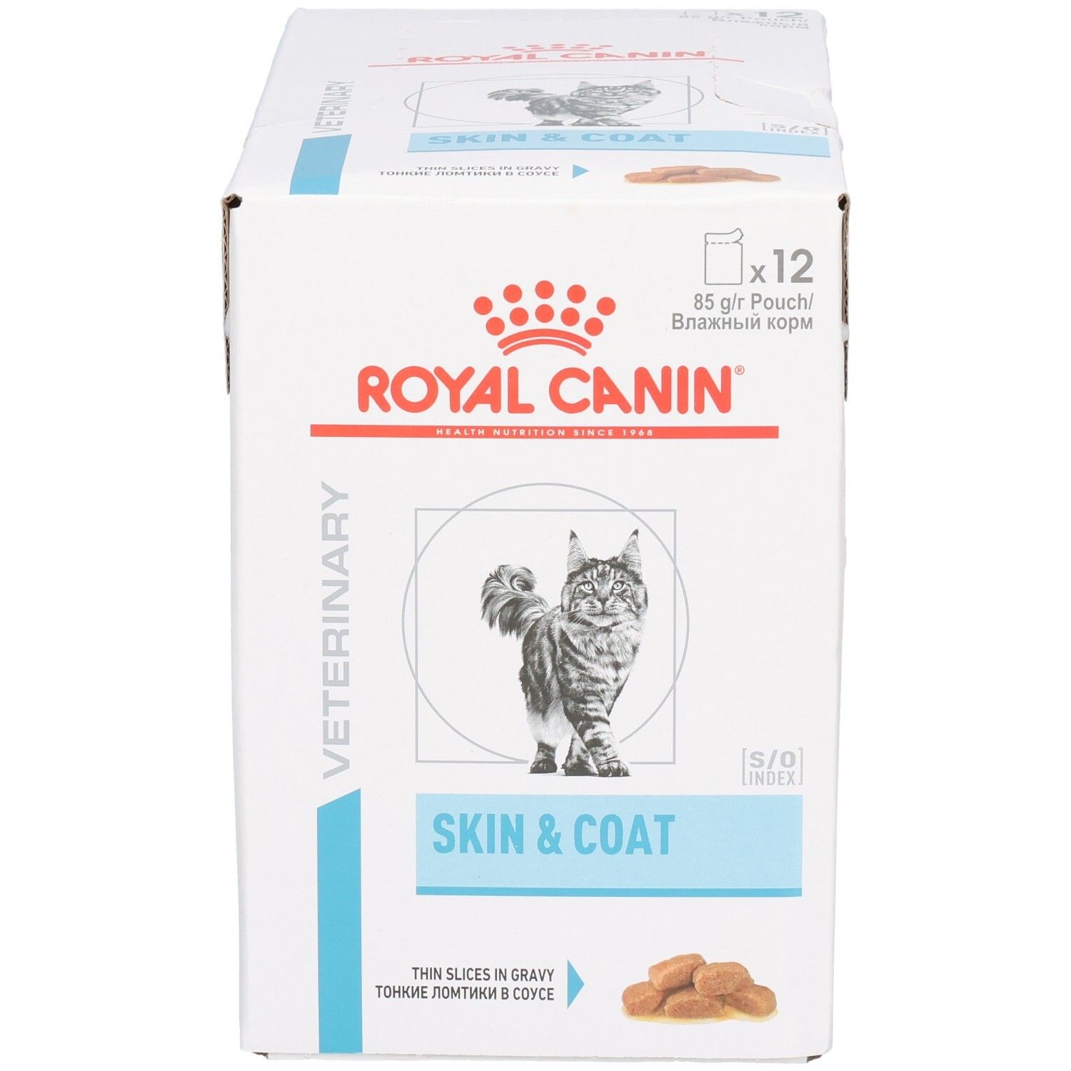 Royal Canin Veterinary Skin & Coat Karton mit 12 Beuteln à 85g. Dünne Scheiben in Soße. Katze abgebildet.