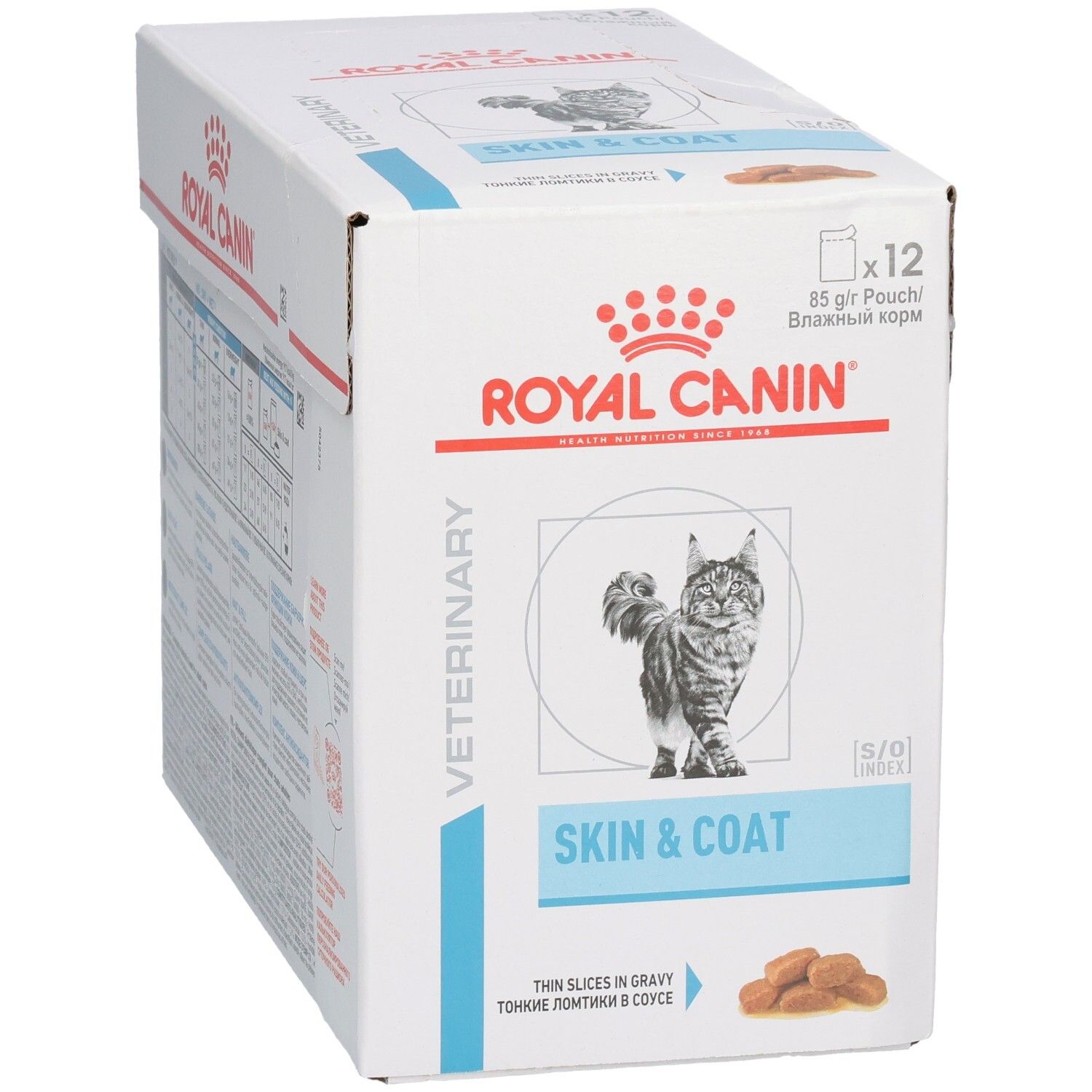 Royal Canin Veterinary Skin & Coat Karton mit 12 Beuteln à 85g. Dünne Scheiben in Soße. Katze und Futter abgebildet.