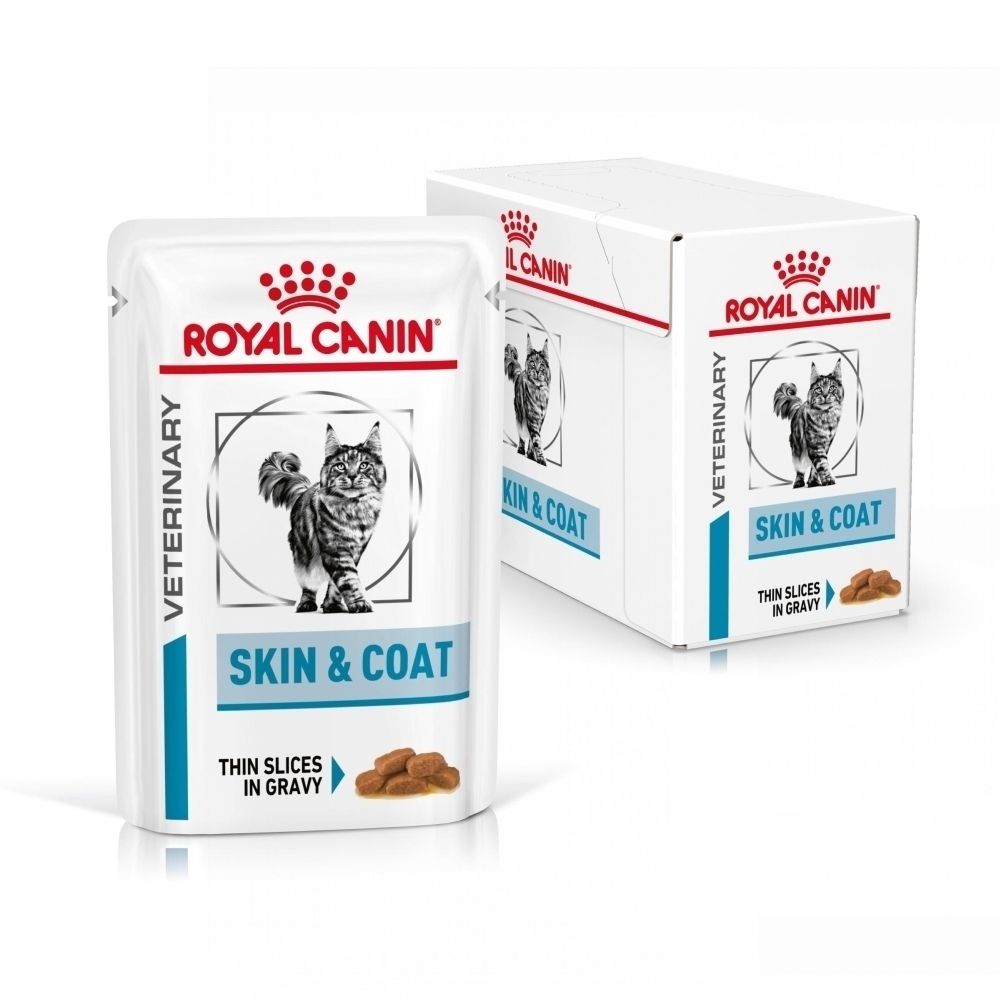 Royal Canin Veterinary Skin & Coat Katzenfutter in Soße. Einzelbeutel und Kartonverpackung.