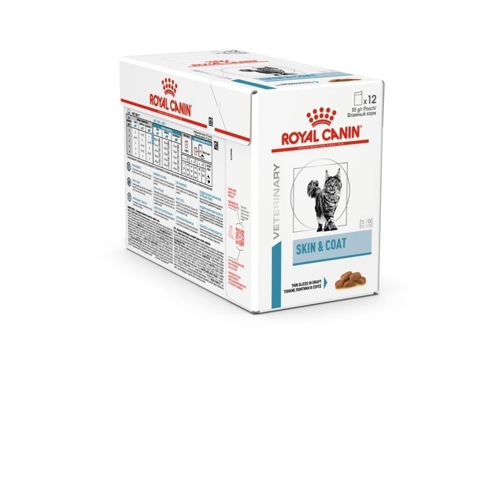 Royal Canin Veterinary Skin & Coat Katzenfutter-Box mit 12 Beuteln. Enthält eine Abbildung einer Katze und Futterbrocken.