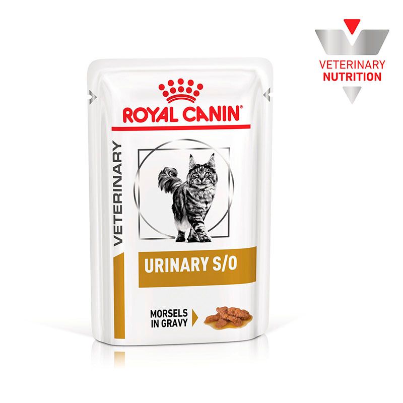 Ein Beutel Royal Canin Veterinary Urinary S/O mit Katzenmotiv und Produktbezeichnung.