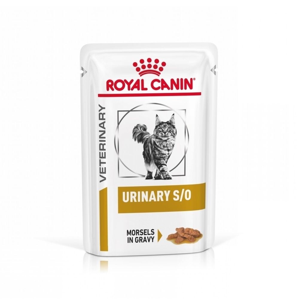 Un sachet Royal Canin Veterinary Urinary S/O avec motif de chat et nom du produit.