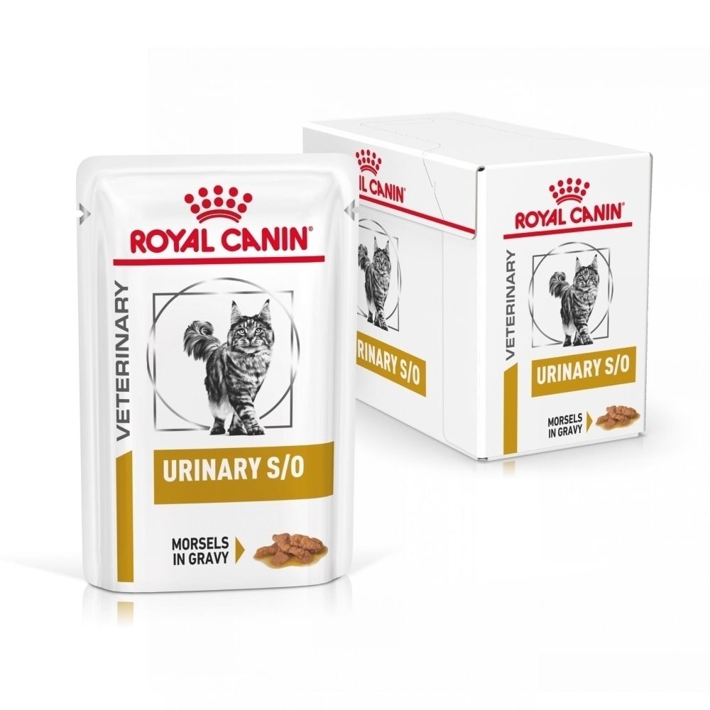 Deux sachets Royal Canin Veterinary Urinary S/O côte à côte, avec motif de chat.