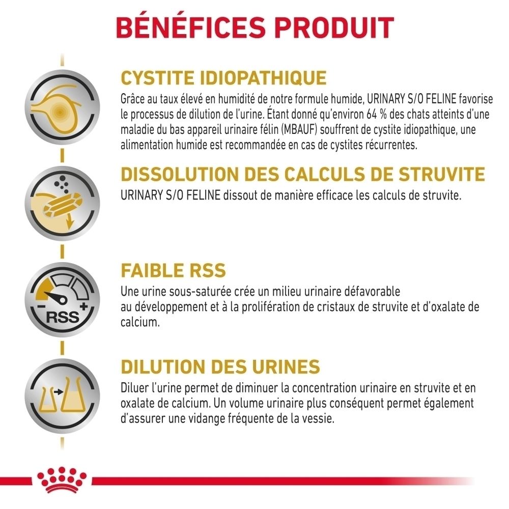 Quatre sachets Royal Canin Veterinary Urinary S/O côte à côte, avec motif de chat.
