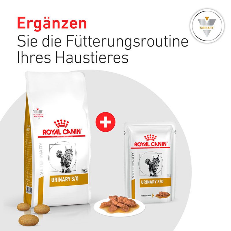 Fünf Beutel Royal Canin Veterinary Urinary S/O nebeneinander, mit Katzenmotiv.