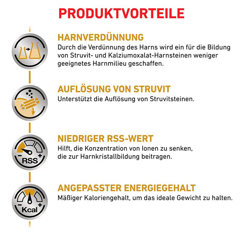 Vier Icons mit Texten zu Produktvorteilen von Royal Canin: Harnverdünnung, Struvitauflösung, niedriger RSS-Wert, angepasster Energiegehalt.