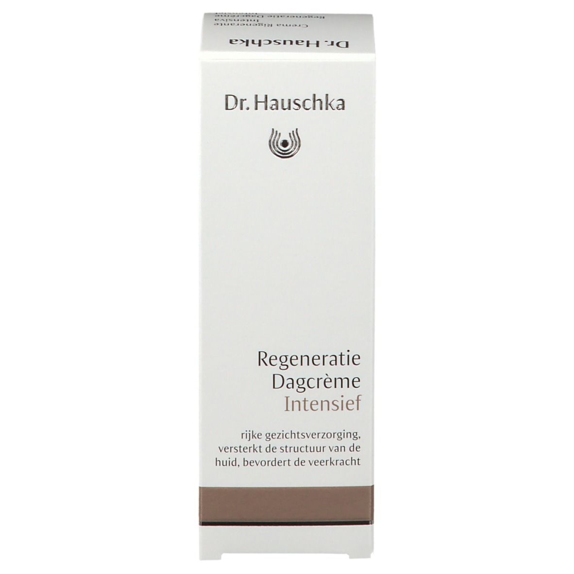 Weiße Verpackung mit Aufschrift: Dr. Hauschka, Regeneration Dagcrème Intensief. Brauner Streifen am unteren Rand.