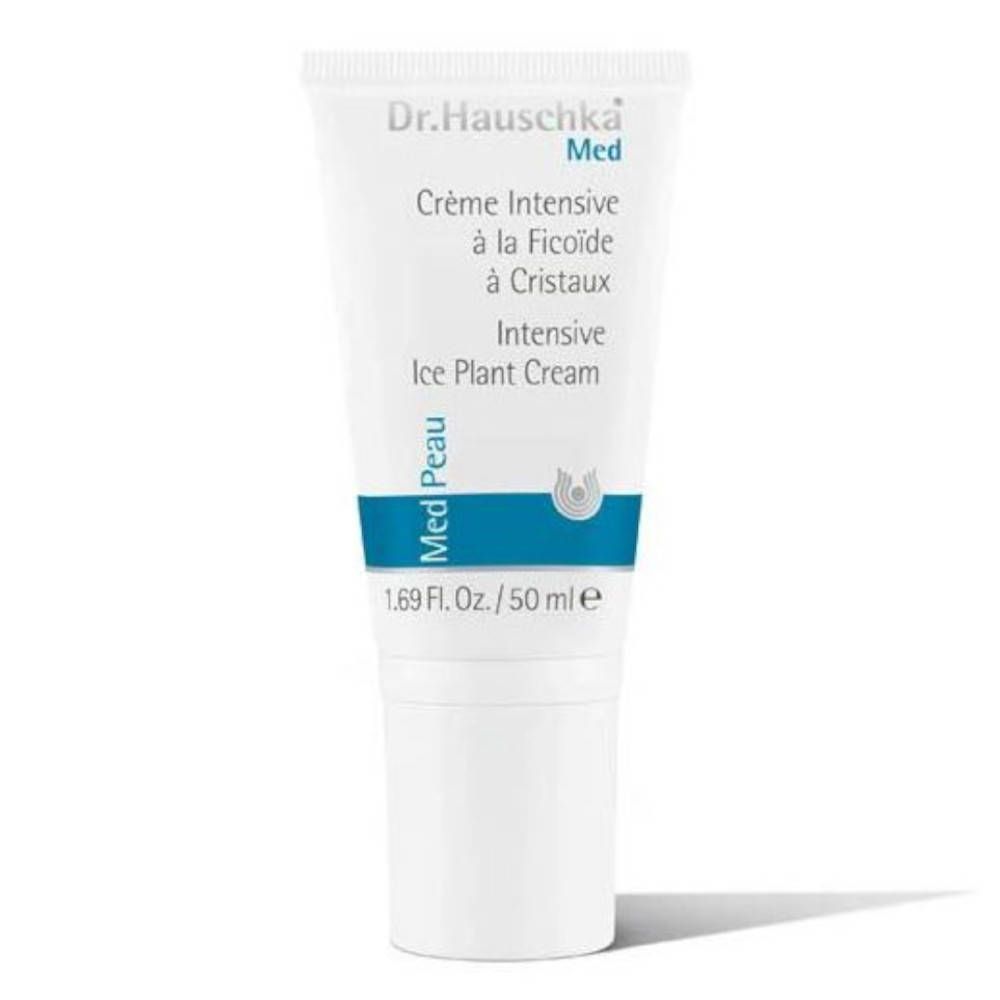 Weiße Tube mit blauer Banderole. Aufschrift: Dr. Hauschka Med, Crème Intensive à la Ficoïde à Cristaux, Intensive Ice Plant Cream.