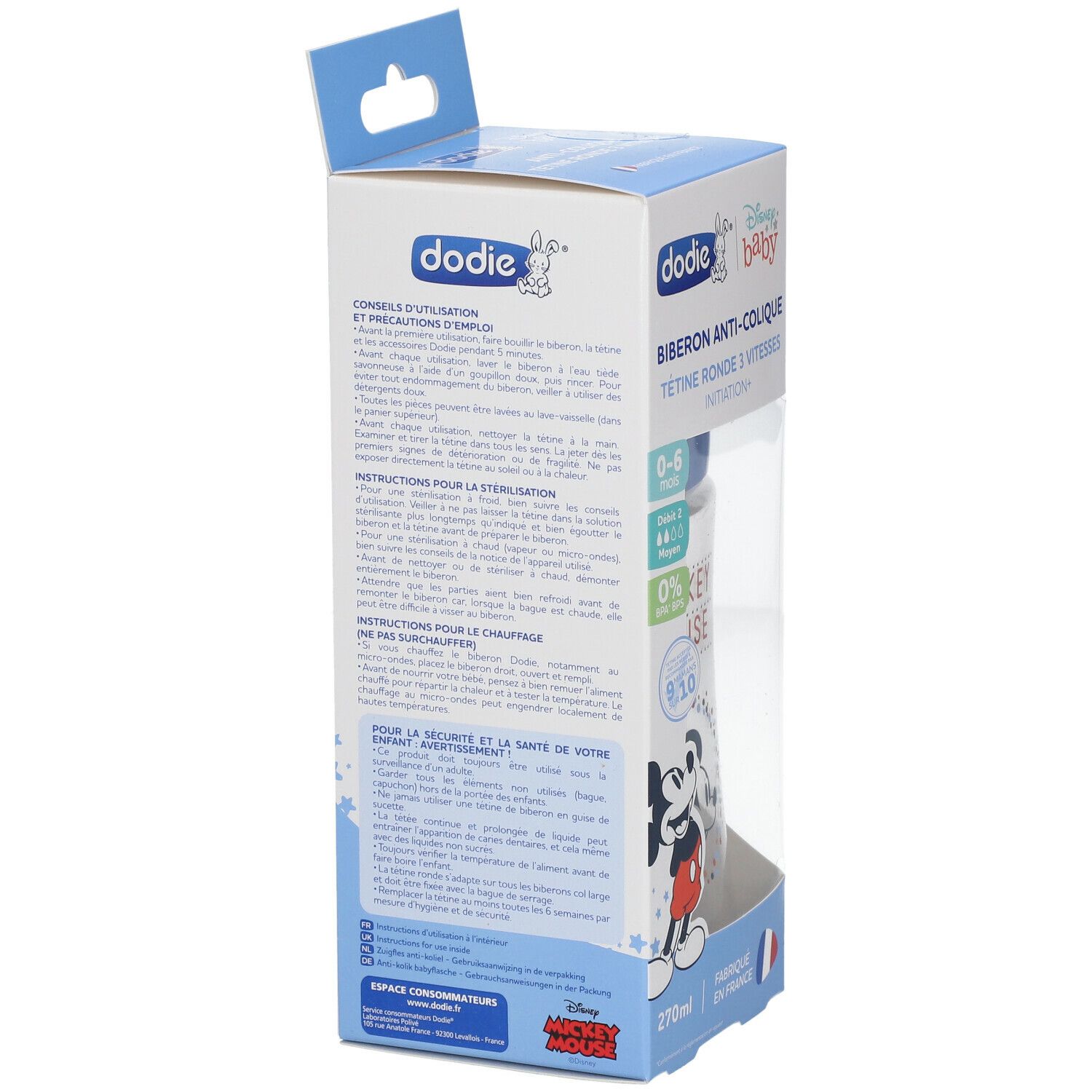 dodie® Biberon Initiation+ 270 ml anti-colique tétine ronde 3 vitesses Disney Mickey Bleu 0-6 mois