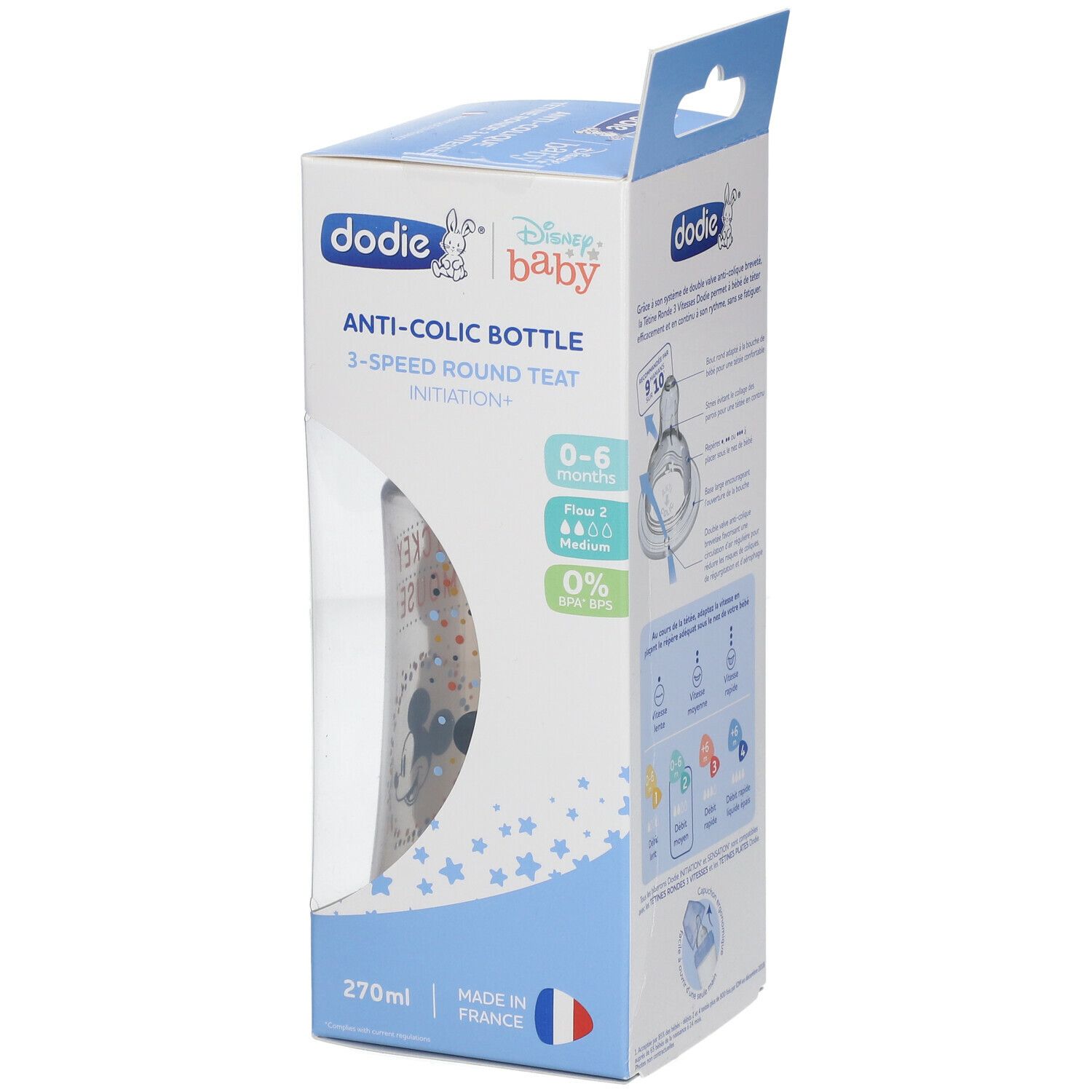 dodie® Biberon Initiation+ 270 ml anti-colique tétine ronde 3 vitesses Disney Mickey Bleu 0-6 mois