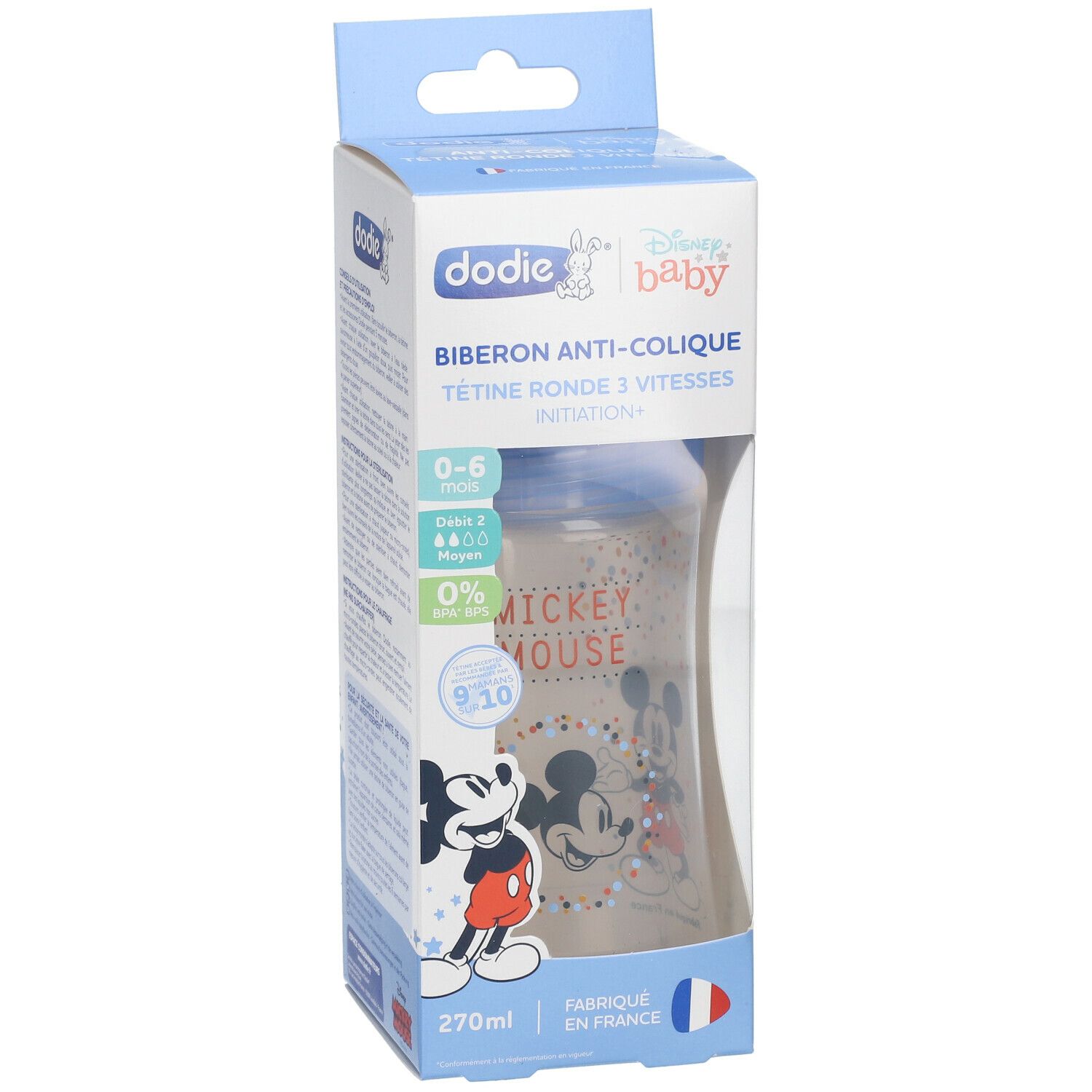 dodie® Biberon Initiation+ 270 ml anti-colique tétine ronde 3 vitesses Disney Mickey Bleu 0-6 mois
