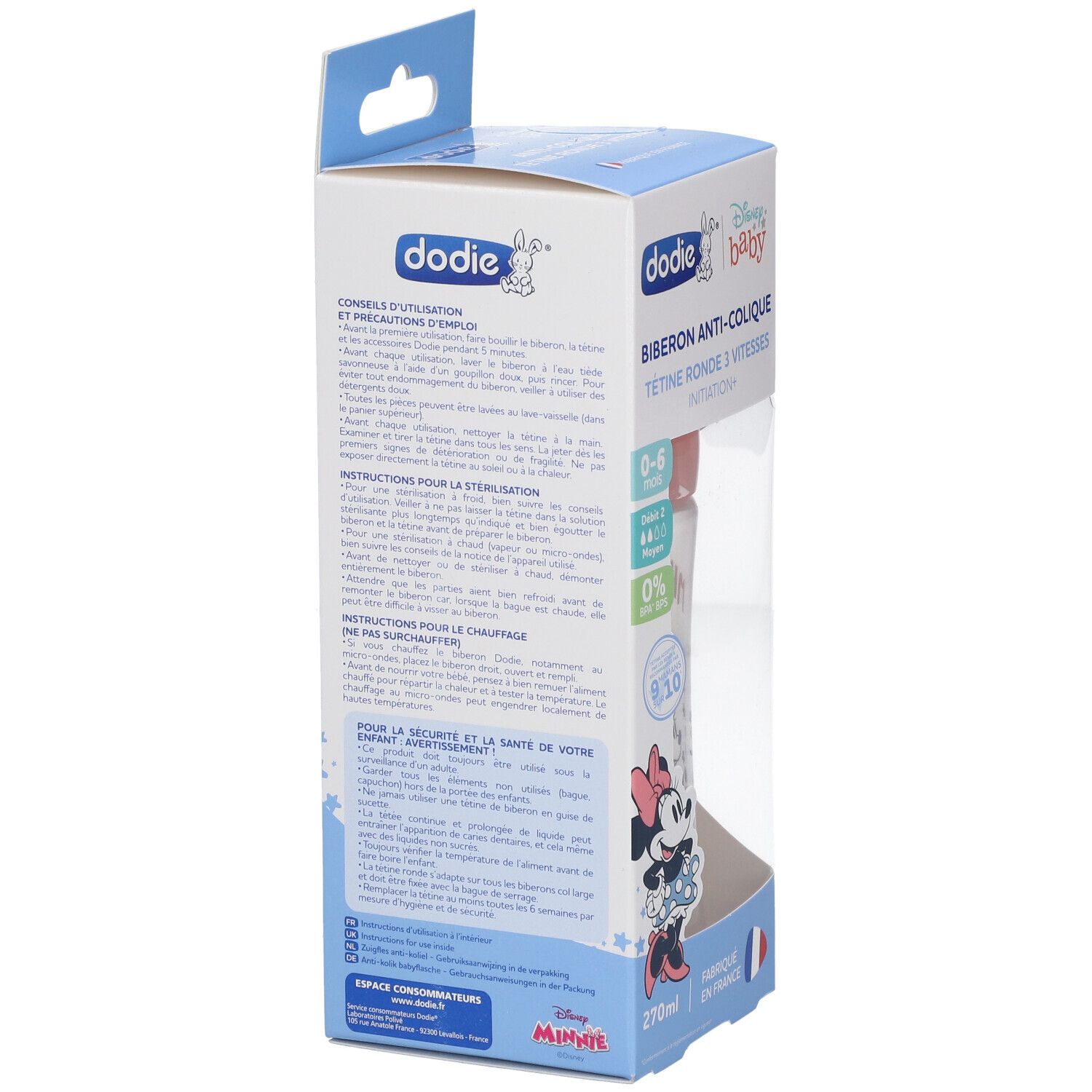Verpackung der Babyflasche. Text: Dodie, Anti-Kolik, 0-6 Monate. Anweisungen auf Französisch. Minnie Mouse-Illustration. Französische Flagge.