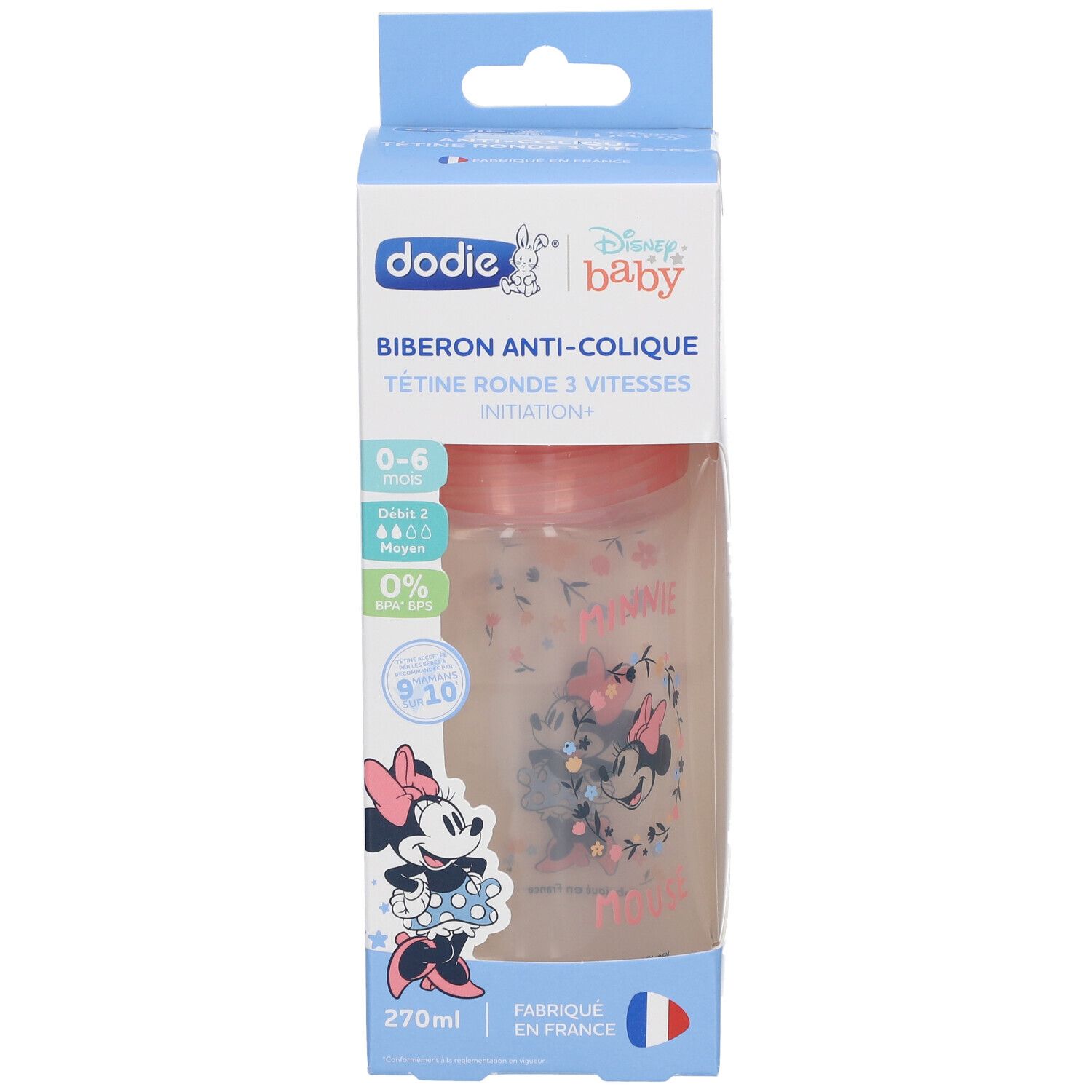 Babyflasche in Verpackung. Rosa Flasche mit Minnie Mouse-Motiv. Text: Dodie, Anti-Kolik, 0-6 Monate, 270 ml. Französische Flagge.