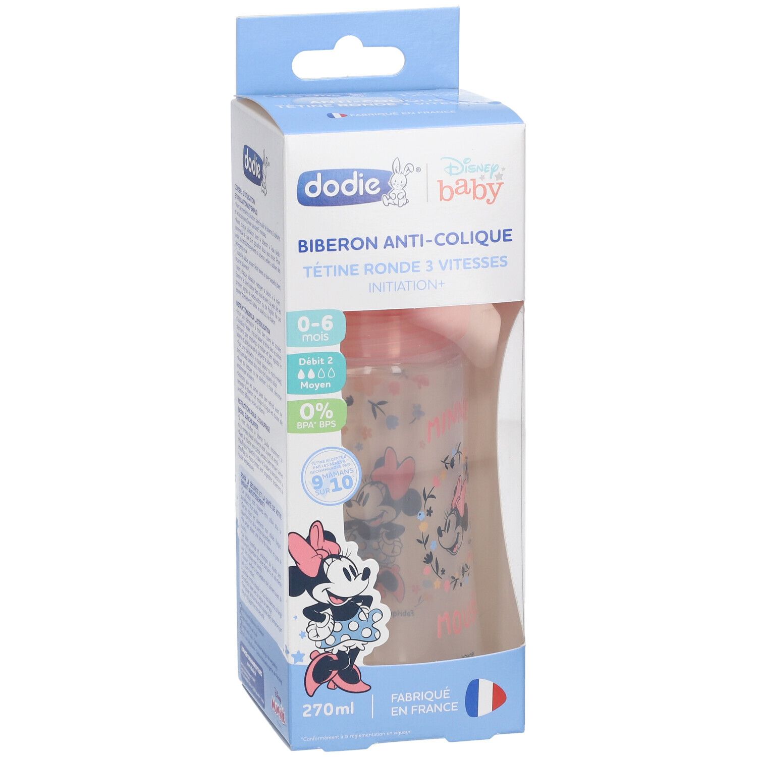 Babyflasche in Verpackung. Rosa Flasche mit Minnie Mouse-Motiv. Text: Dodie, Anti-Kolik, 0-6 Monate, 270 ml. Französische Flagge.