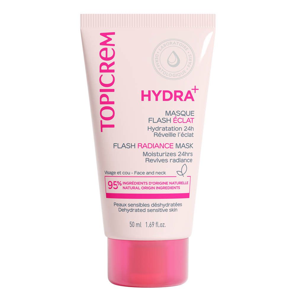 Weiche Tube mit rosa Verschluss. Aufschrift TOPICREM, HYDRA+, Flash Radiance Mask. 95% Inhaltsstoffe natürlichen Ursprungs. 50 ml.