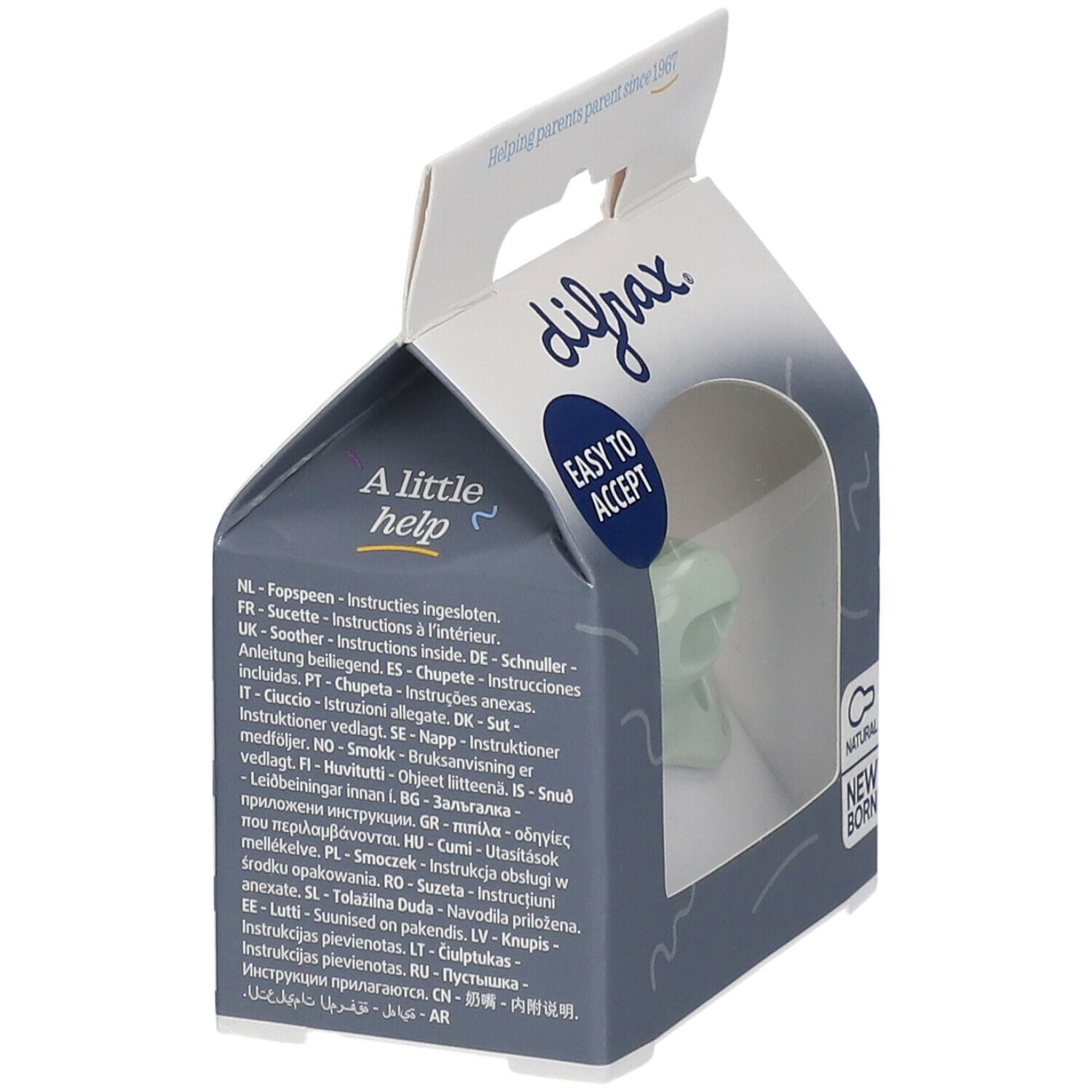 Emballage avec sucette verte visible. Le nom de la marque difrax est imprimé sur l'emballage. Instructions multilingues.
