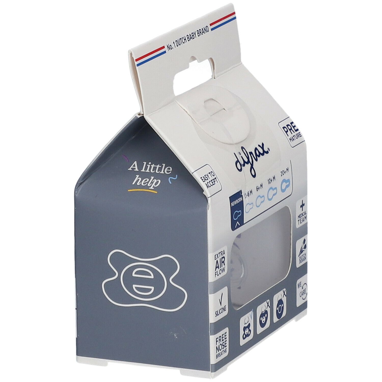 Emballage avec sucette transparente visible. Le nom de la marque difrax est imprimé sur l'emballage.
