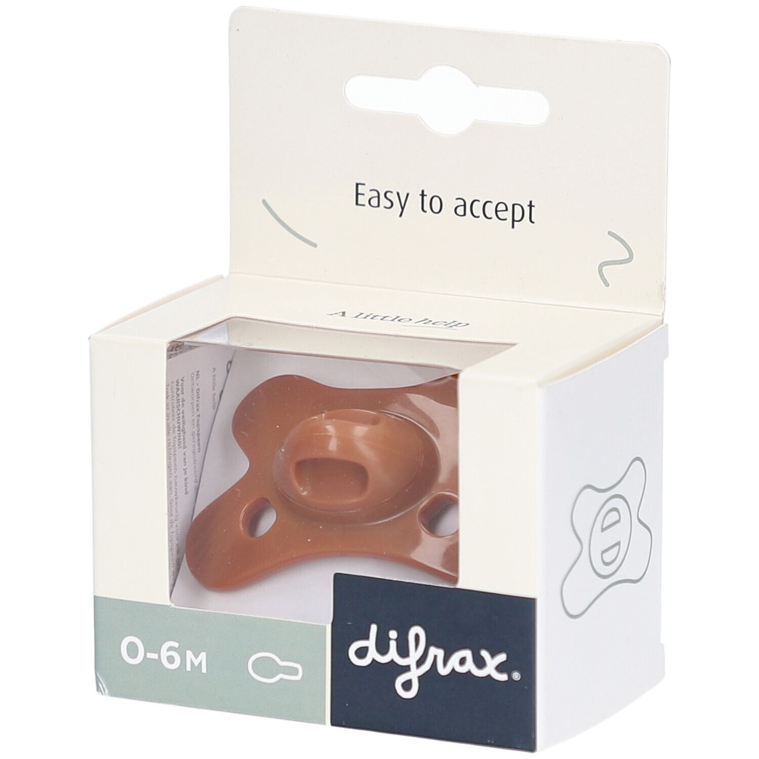 Braune Schnuller in weißer Verpackung mit Sichtfenster. Aufschrift "difrax" und "0-6M".