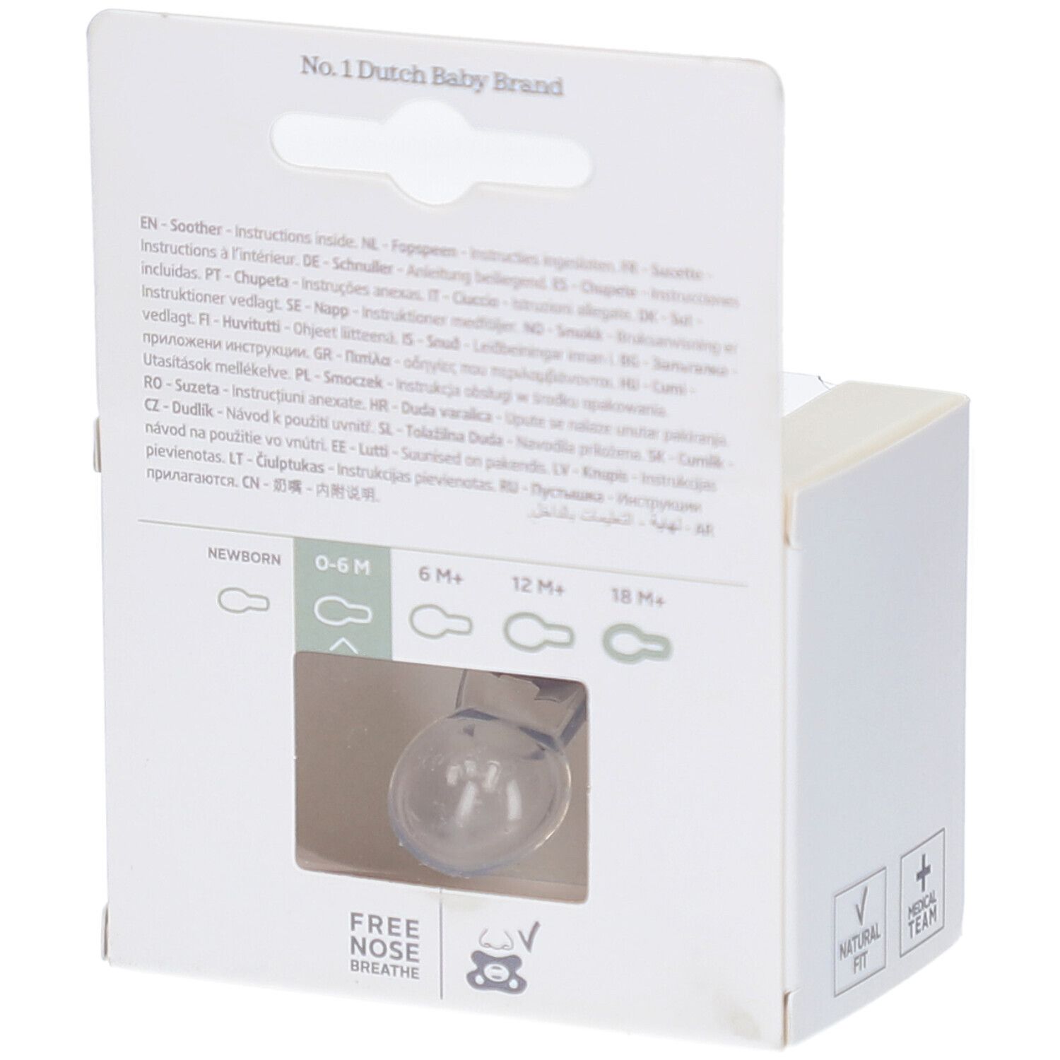 Rückseite der Verpackung. Text in mehreren Sprachen. Sichtfenster mit Schnuller.