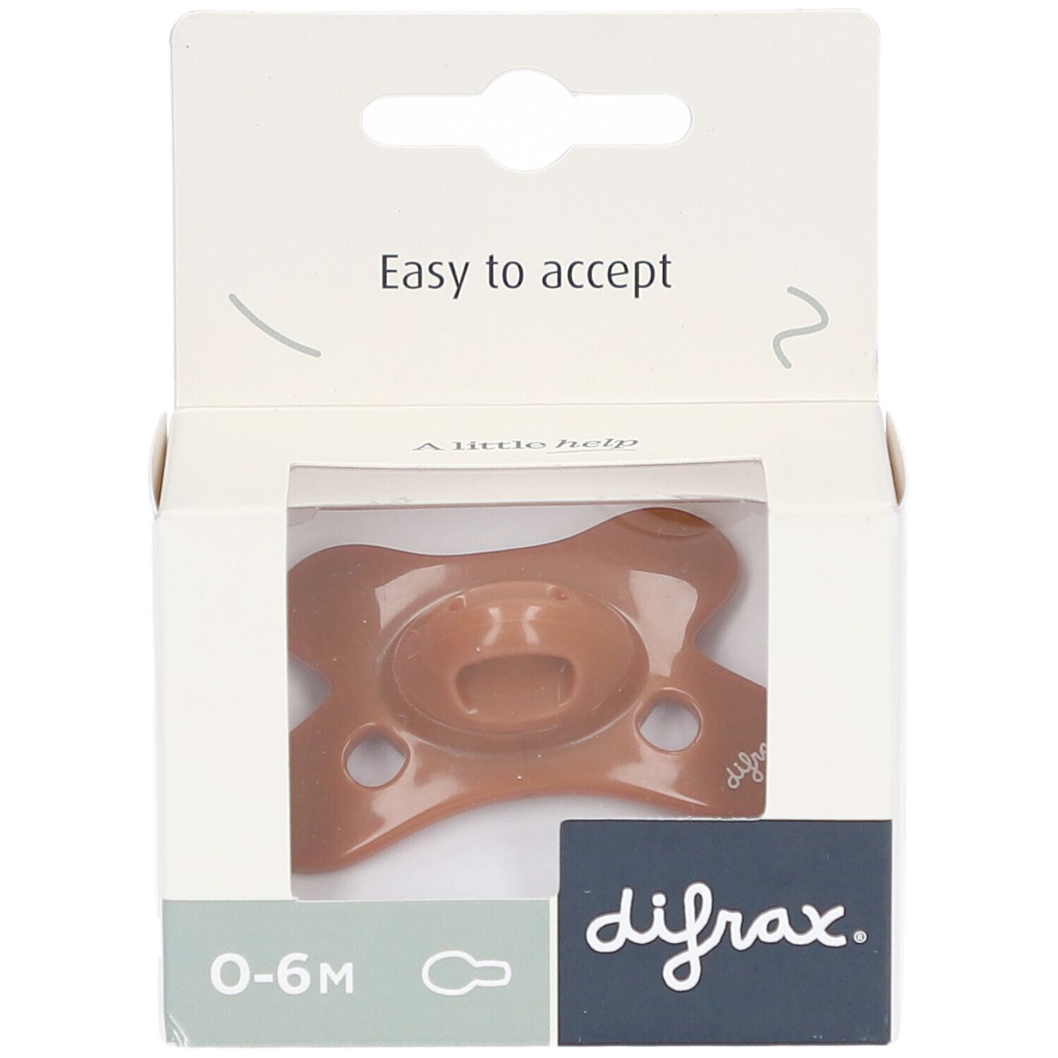 Brauner Schnuller in weißer Verpackung mit Sichtfenster. Aufschrift "difrax" und "0-6M".