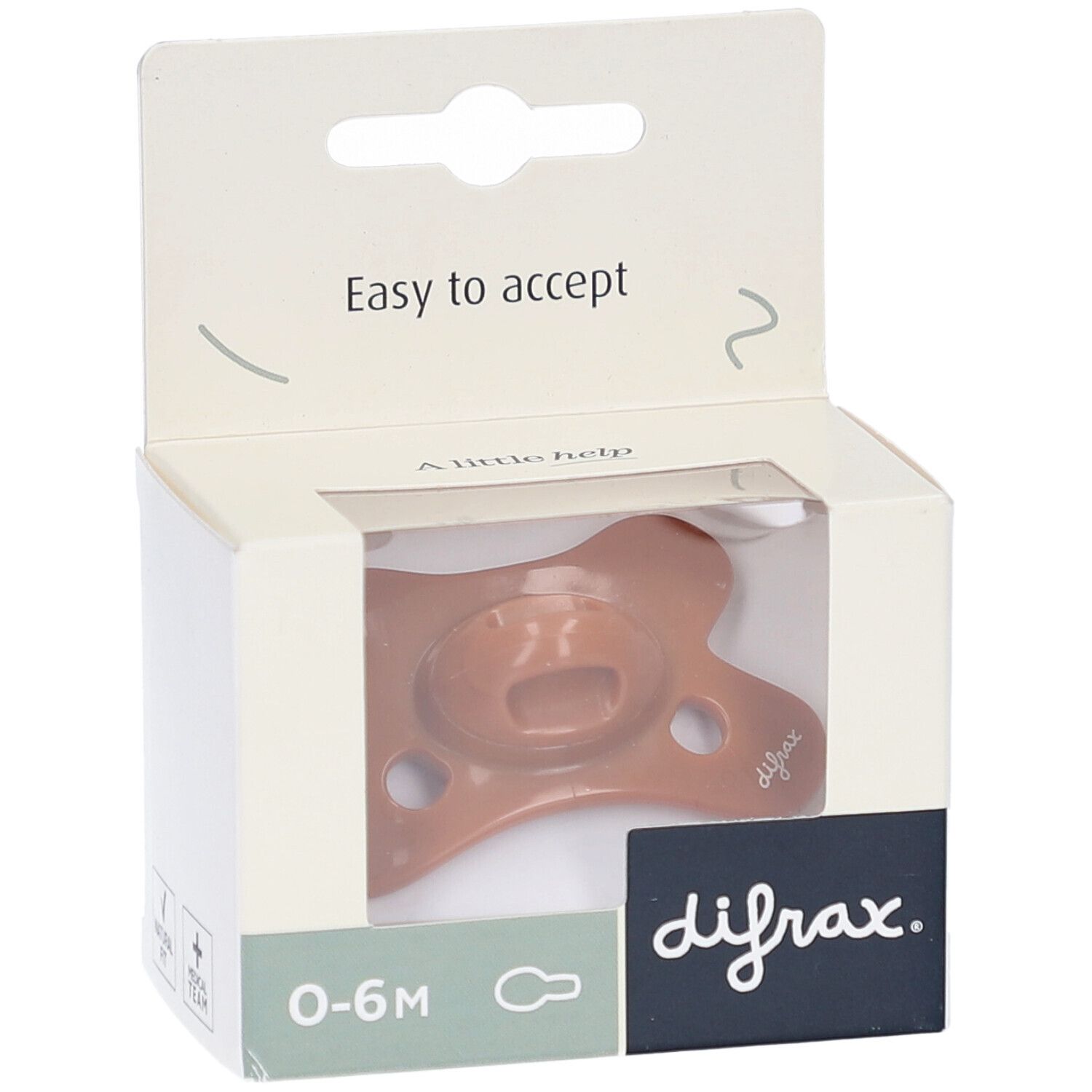 Brauner Schnuller in weißer Verpackung mit Sichtfenster. Aufschrift "difrax" und "0-6M".