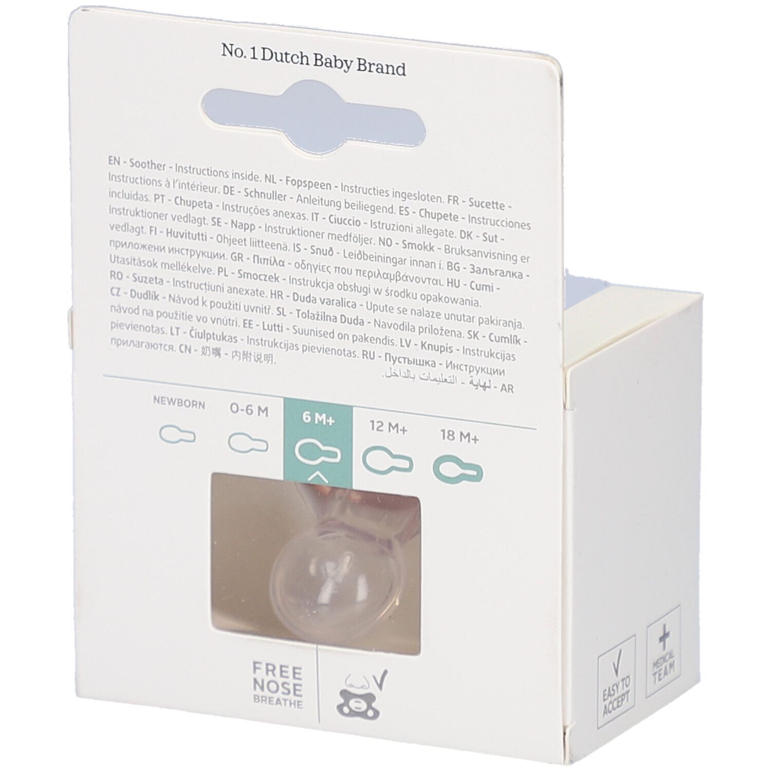 Rückseite der Verpackung mit Produktinformationen. Sichtbar: 6M+ bis 18M+ Symbole.