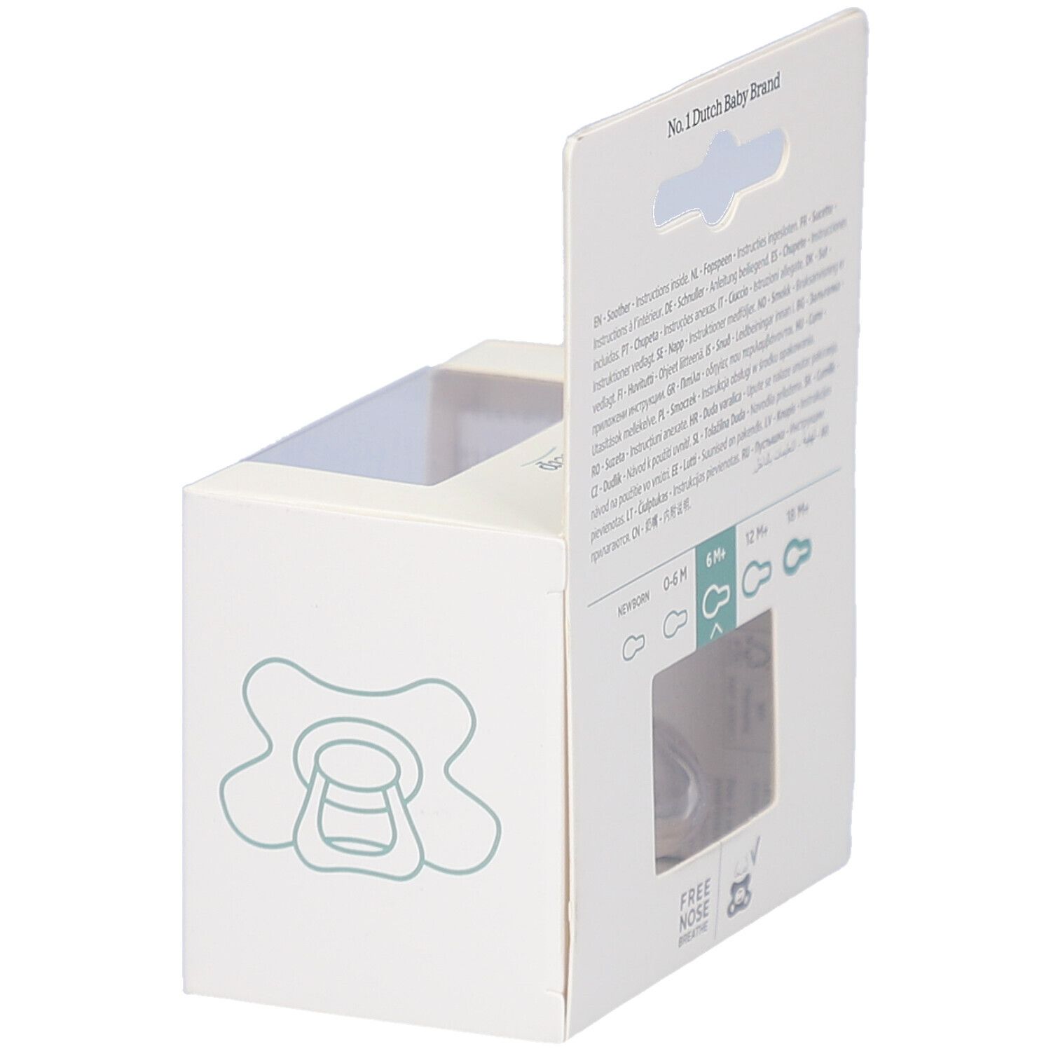 Verpackung mit Schnuller. Sichtbar: Symbole, Free nose breathe.