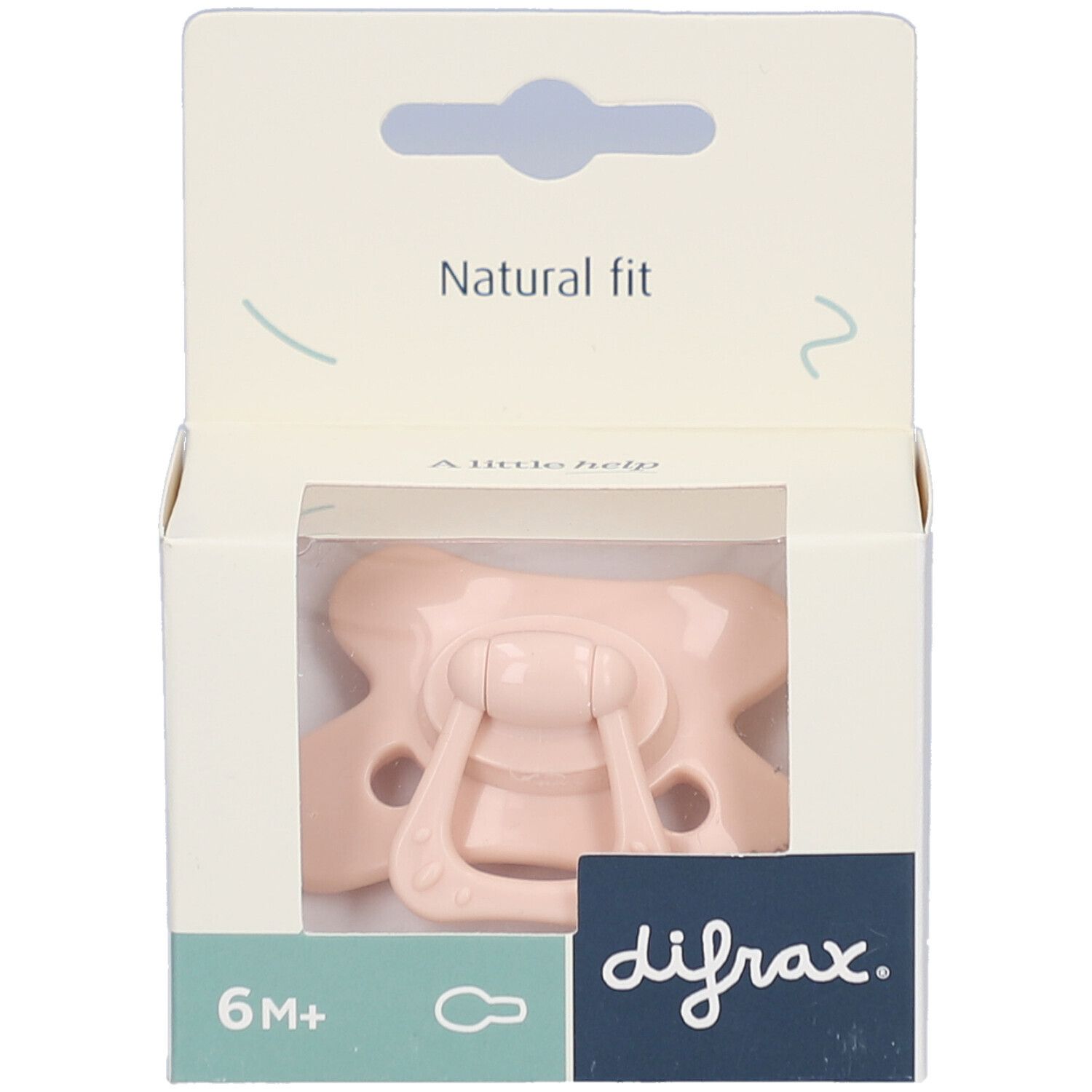 Rosa Schnuller in Verpackung. Sichtbar: Marke difrax, 6M+, Natural fit.