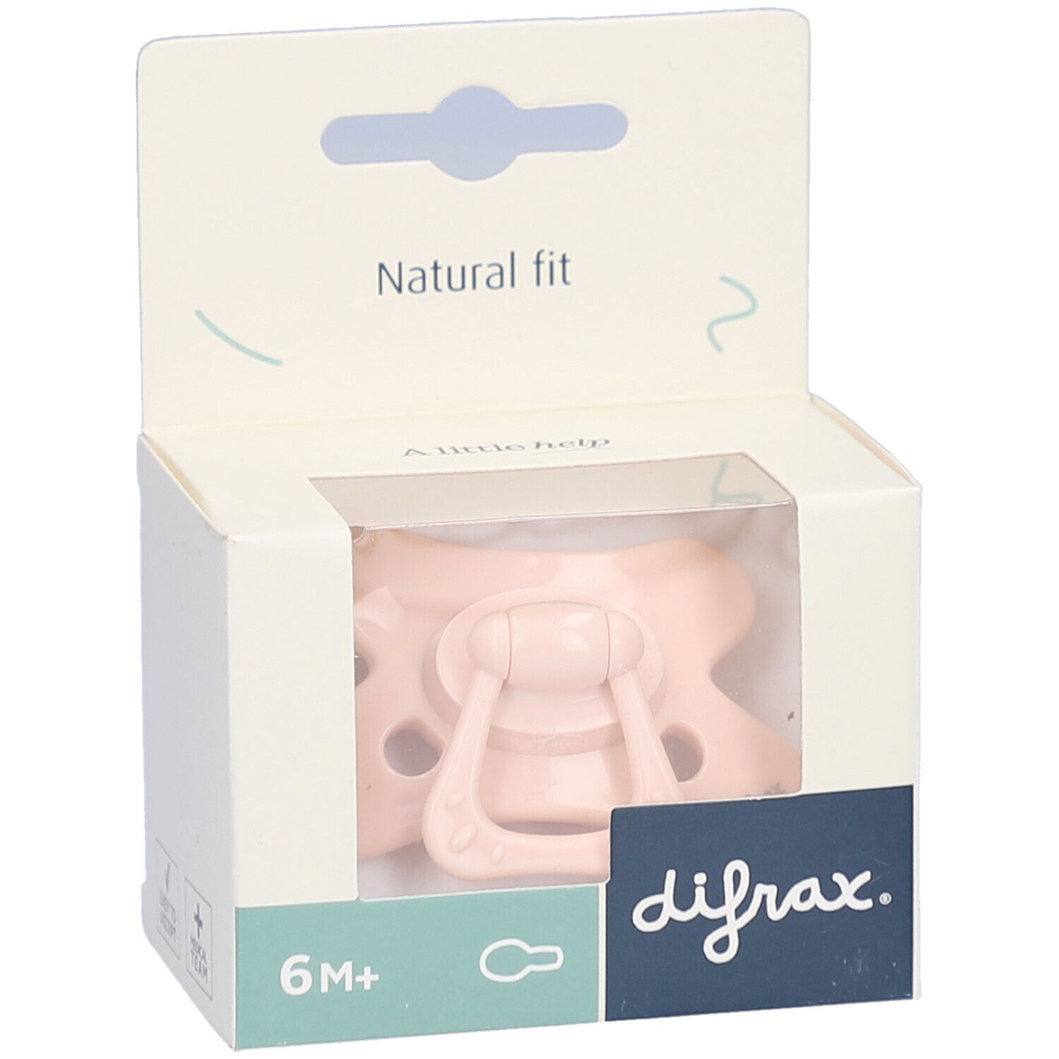 Rosa Schnuller in Verpackung. Sichtbar: Marke difrax, 6M+, Natural fit.
