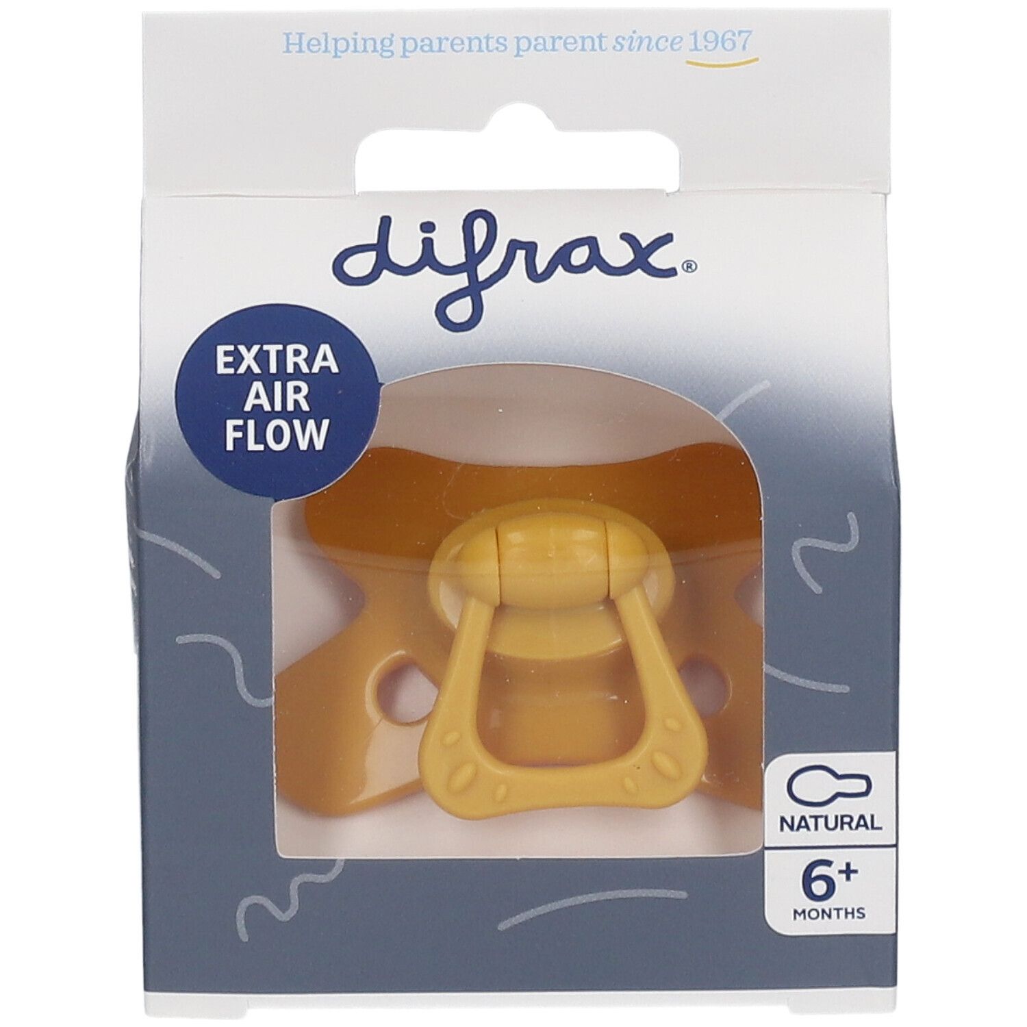 Sucette jaune dans son emballage. Inscription: difrax, Extra Air Flow, Natural, 6+ mois.