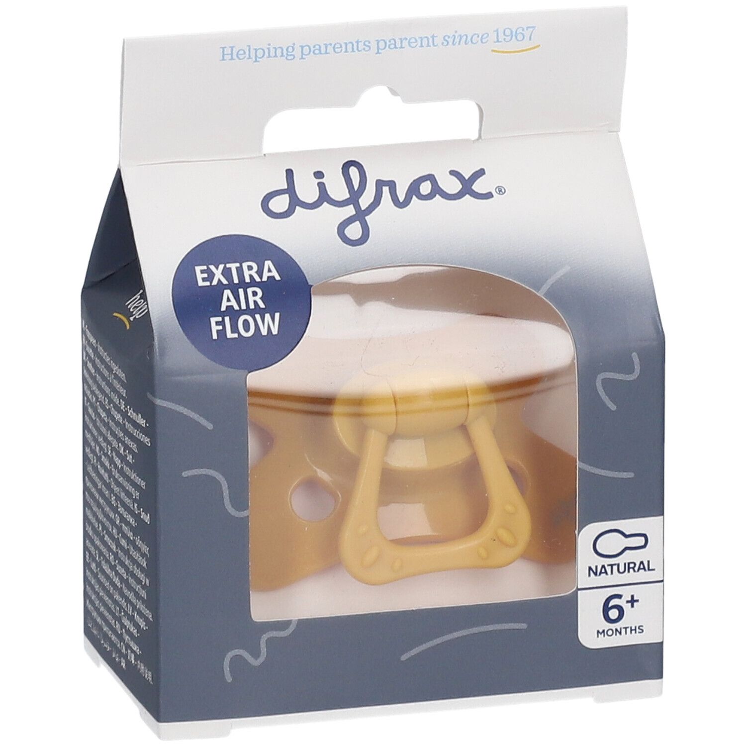 Sucette jaune dans son emballage. Inscription: difrax, Extra Air Flow, Natural, 6+ mois.