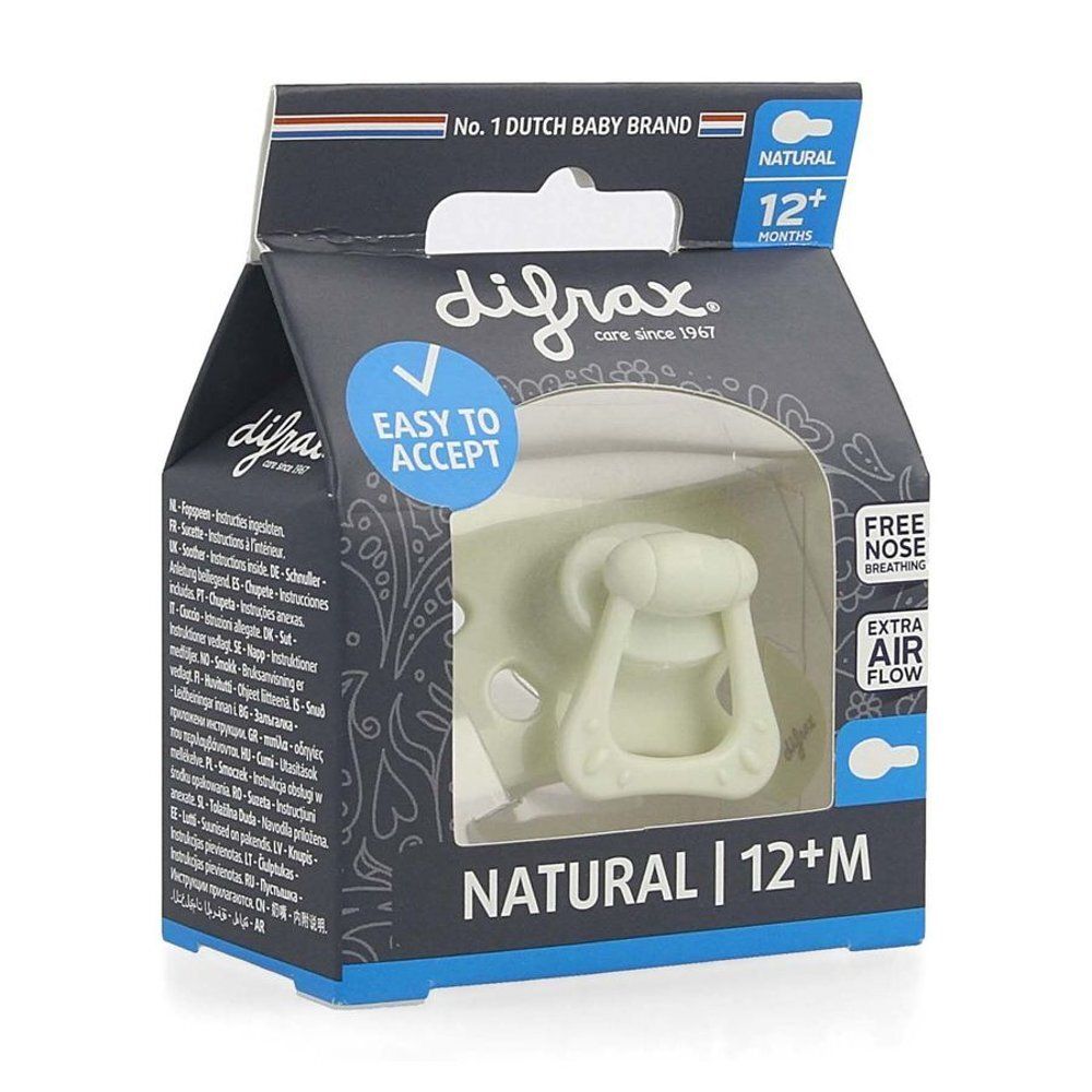 Emballage de sucette. Boîte rectangulaire avec fenêtre. Inscriptions "difrax", "EASY TO ACCEPT" et "NATURAL 12+M".