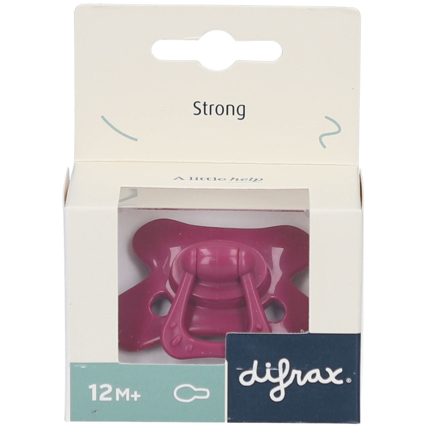 Verpackung mit Schnuller. Rosa Schnuller in einer rechteckigen Schachtel mit Sichtfenster. Aufschrift "Strong" und "difrax".
