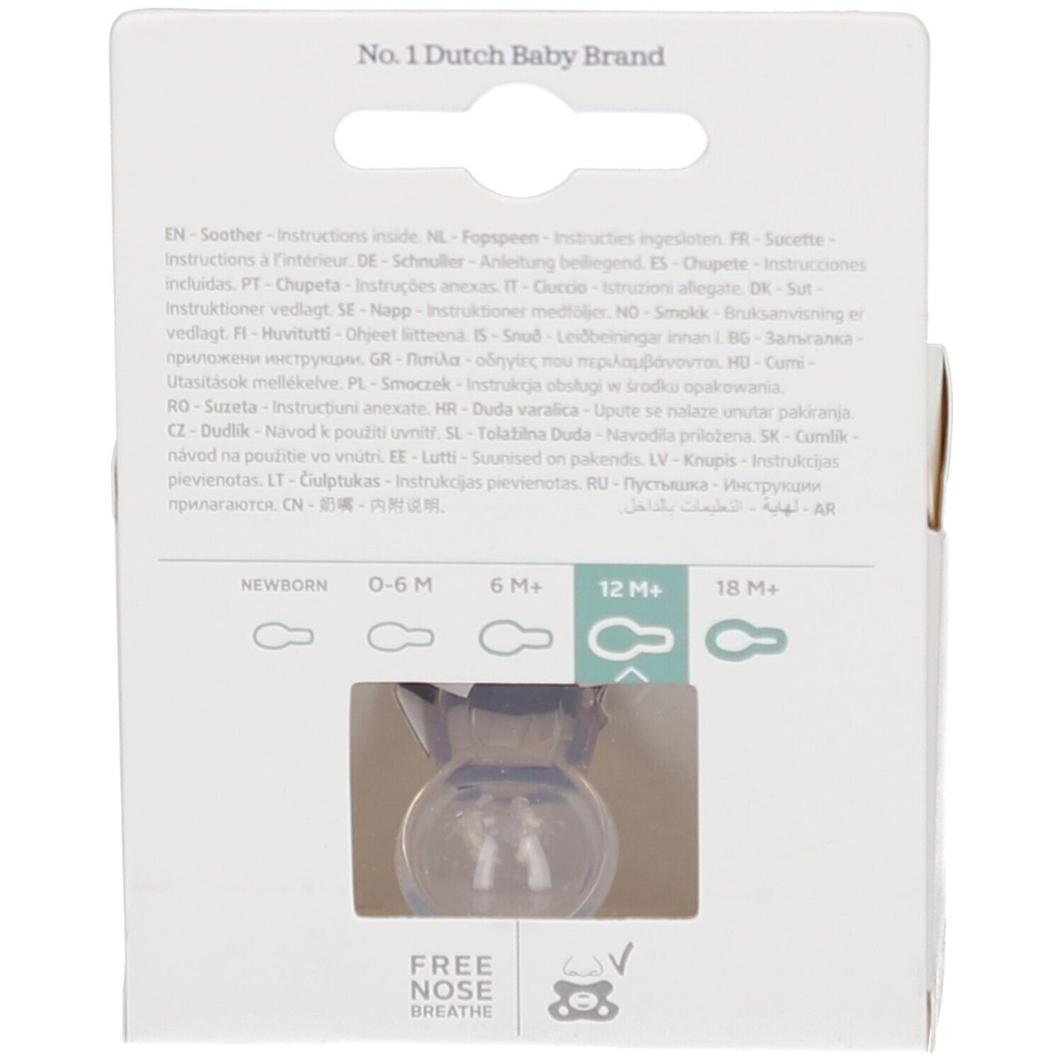 Rückseite der Verpackung mit Text in mehreren Sprachen. Sichtfenster mit blauem Schnuller. Altersangaben: Newborn, 0-6M, 6M+, 12M+, 18M+.