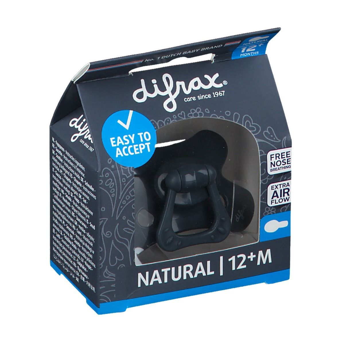 Sucette grise foncée dans son emballage. Visible : marque Difrax, texte NATURAL 12+M, 'Easy to Accept' et 'Free Nose Breathing'.