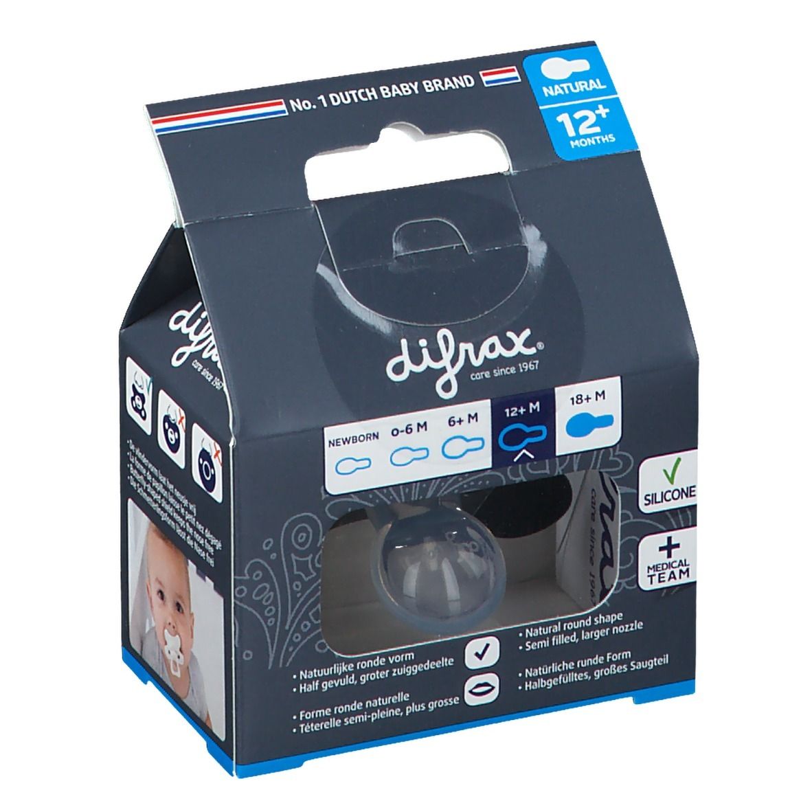 Emballage avec sucette. Marque Difrax, texte NATURAL 12+M. Image du produit avec description : 'Natural 12+ months' et 'Silicone'.