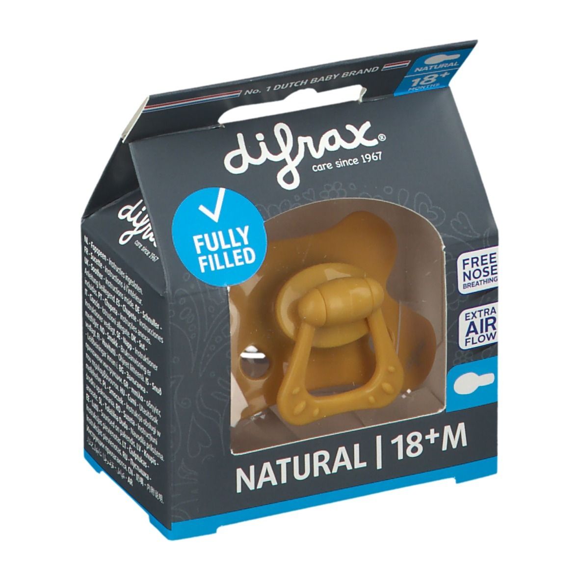 Verpackung mit Schnuller. Sichtbar: Schnuller, gelb, mit Griff. Text: NATURAL | 18+M, difrax.