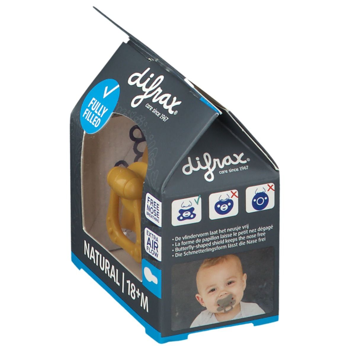Verpackung mit gelbem Schnuller. Text: NATURAL | 18+M, difrax. Abbildung: Baby mit Schnuller. Merkmale: freie Nasenatmung, Luftzirkulation.