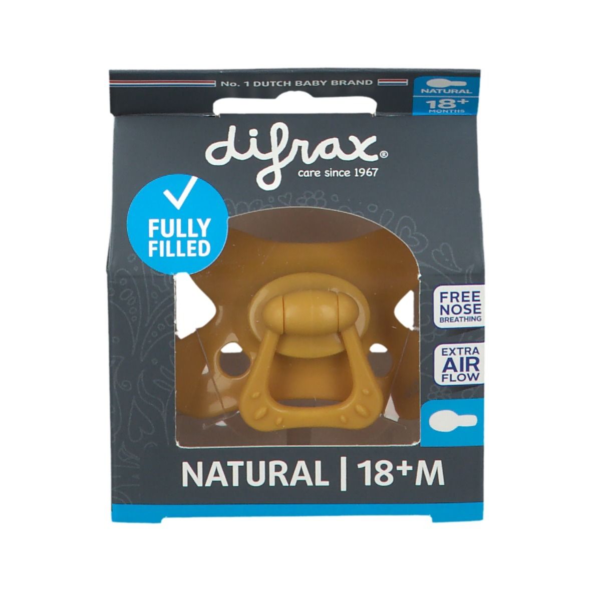 Verpackung mit gelbem Schnuller. Text: NATURAL | 18+M, difrax. Merkmale: vollständig gefüllt, freie Nasenatmung, Luftzirkulation.